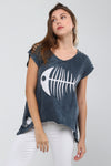 Anthracite Fish Bone Print Ripped Shoulder& Hem Stone Washed Top