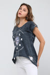 Anthracite I Allow Transformation Print Ripped Shoulder& Hem Stone Washed Top