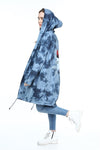 Blue Long Tie Die Frd Khlo Print Cotton Cardigan with Hood