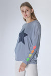 Navy White Striped Star Printed Women Cotton Long Sleeve T-shirt Top Tee tshirt S-Ponder 