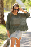 Fish Net Two PocketsCotton Knitted Pull over Women Jumper