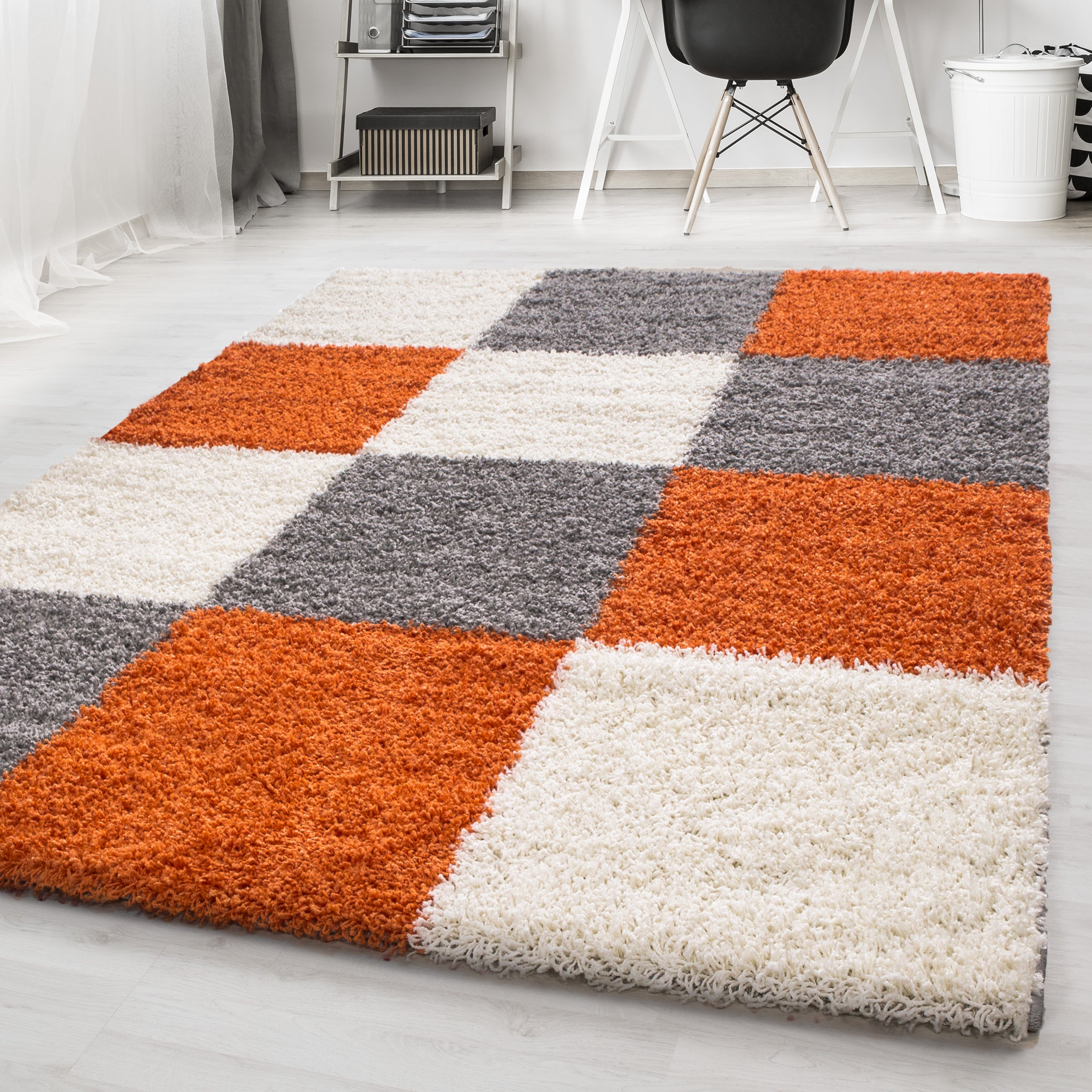 Oranje Tapijt Hoogpolig Vloerkleed - Blokjes | Omid Carpets
