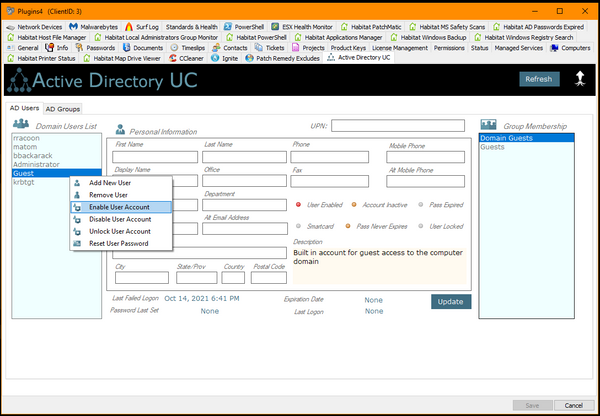 Active Directory UC Users Tab