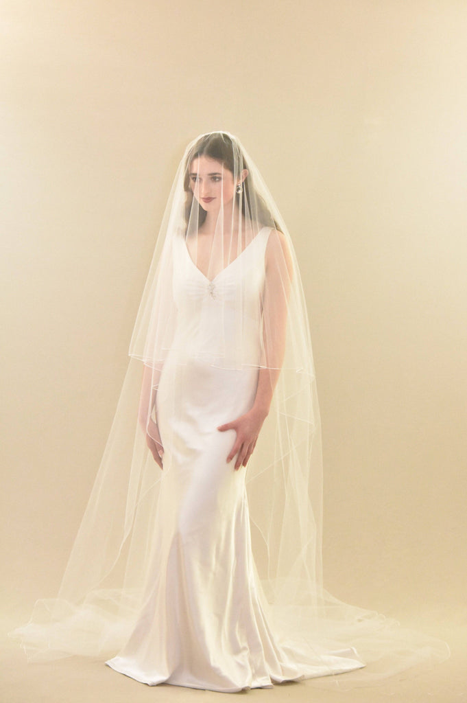 Classic Cathedral Veil with Blusher |  White / 30 Inches / 120 Long 72 Wide Inches