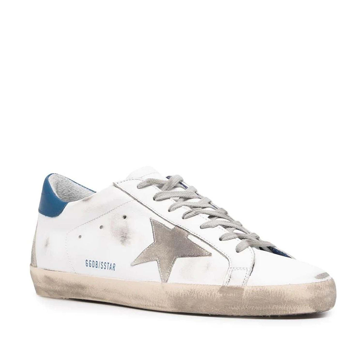 GOLDEN GOOSE MAN WHITE SUPER-STAR SNEAKERS WITH BLUE SPOILER AND SUEDE ...