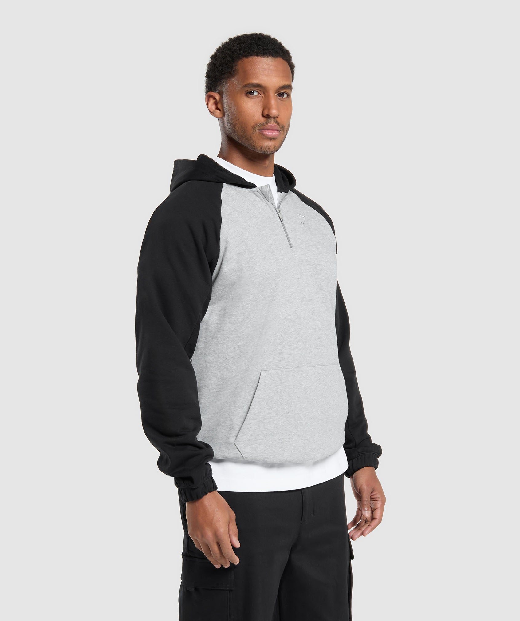 1/4 Zip Raglan Hoodie in Black/Light Grey Marl - view 3