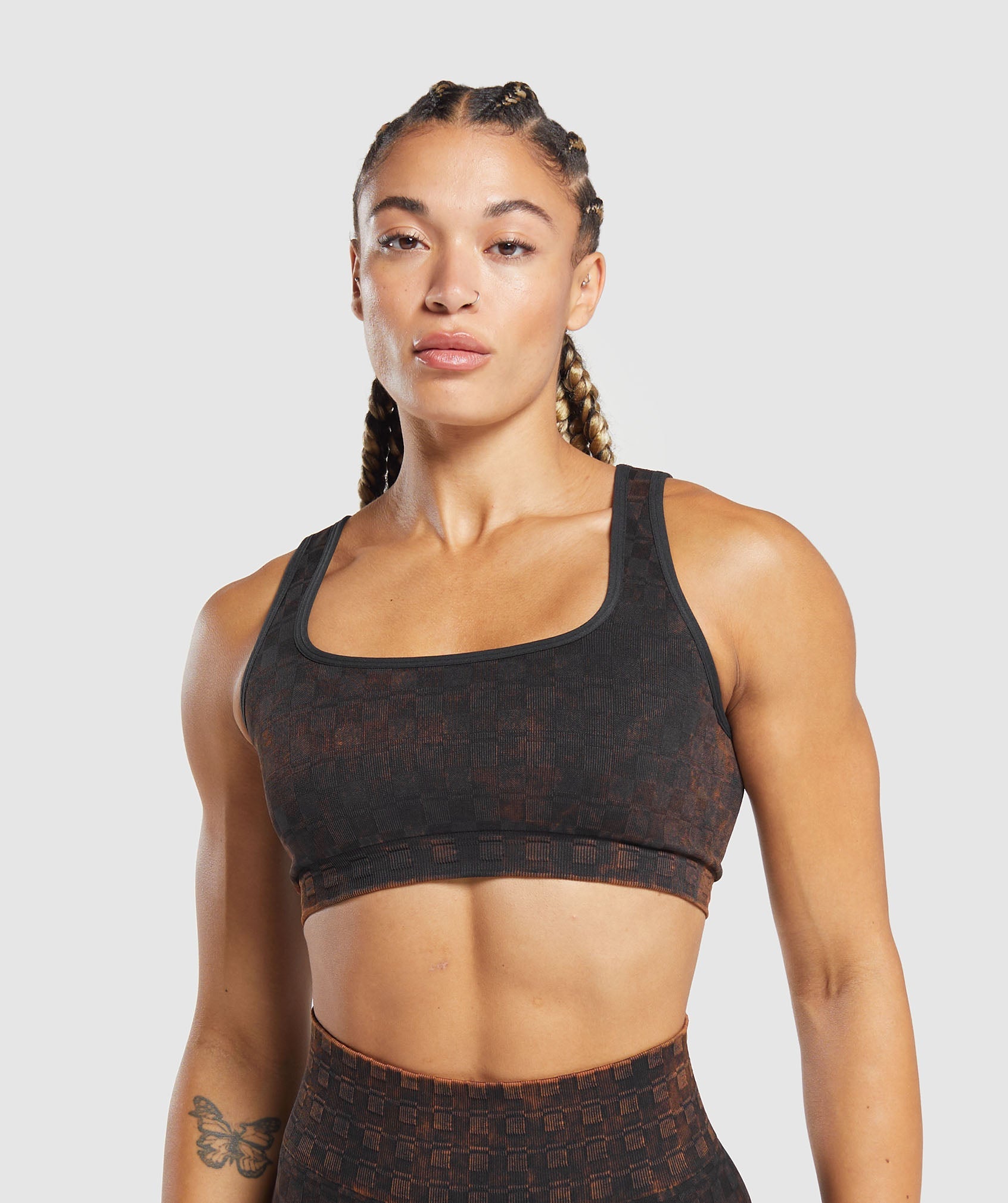 Gymshark Adapt Camo Seamless Ribbed Sports Bra - Winter Olive/Soul