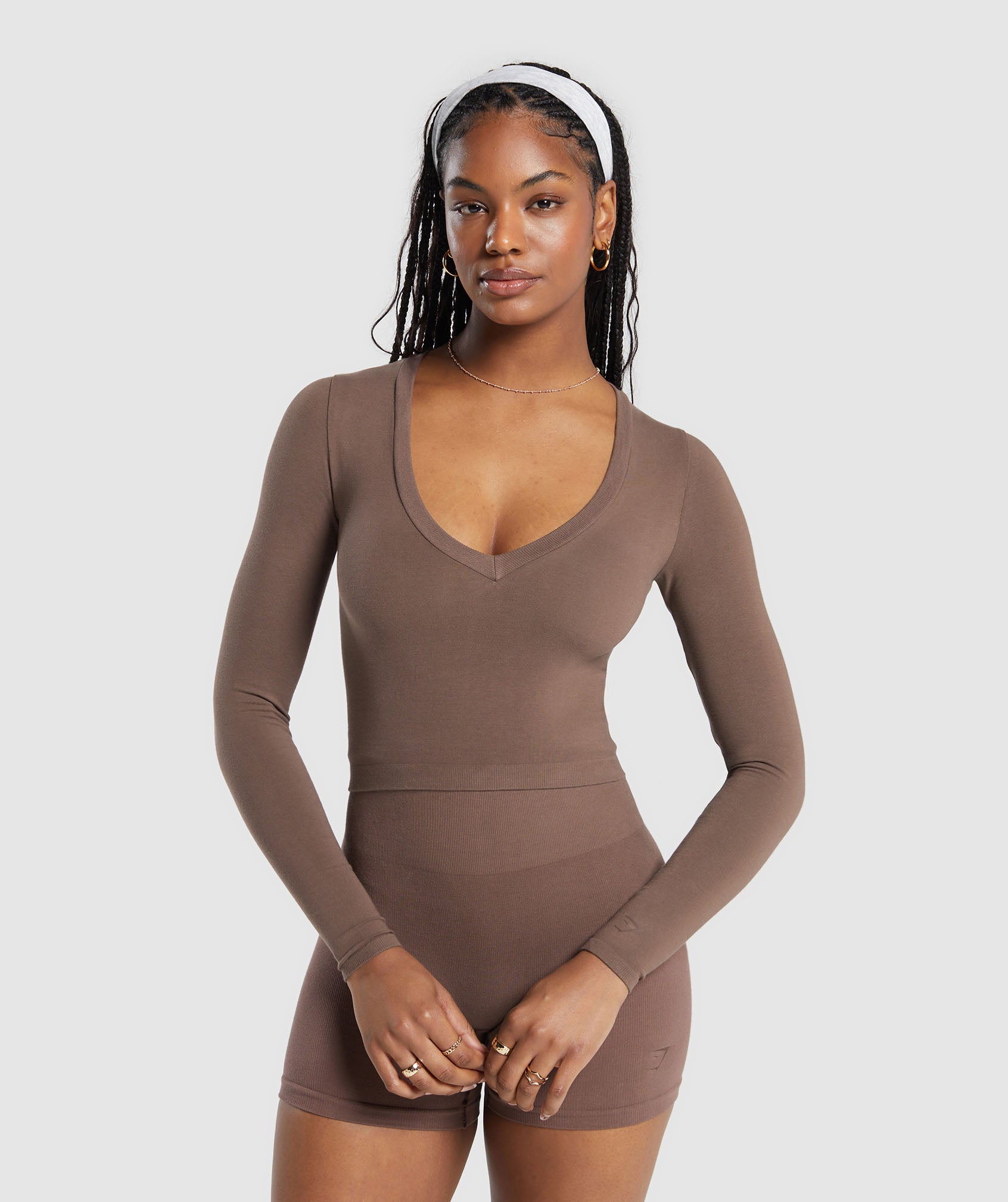 Cotton Seamless Long Sleeve Midi Top in Soft Brown