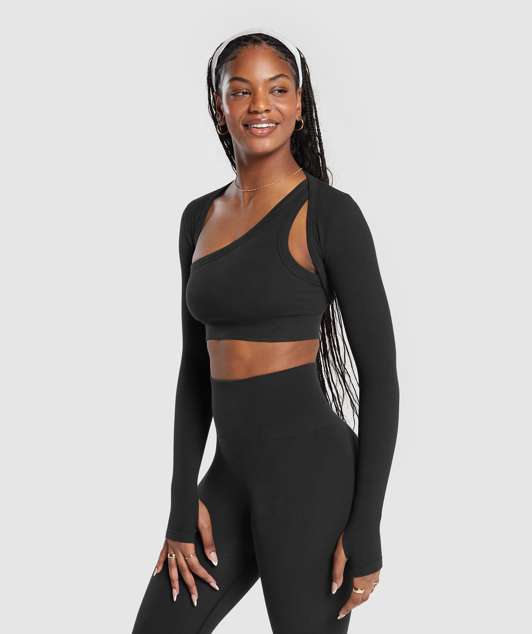 Ribbed Cotton Seamless Shrug in Black - view 3