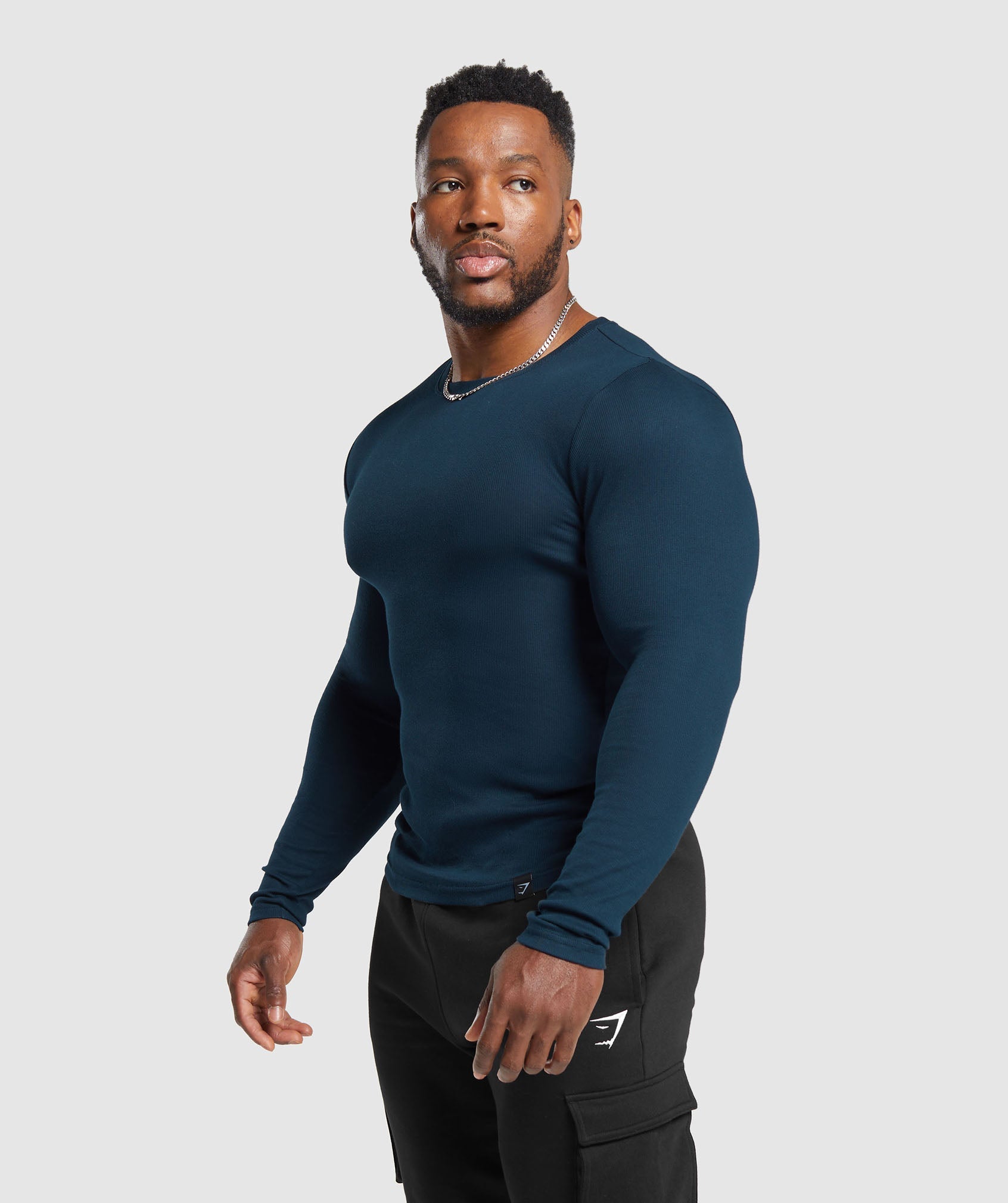 Ribbed Long Sleeve T-Shirt in Navy - view 6