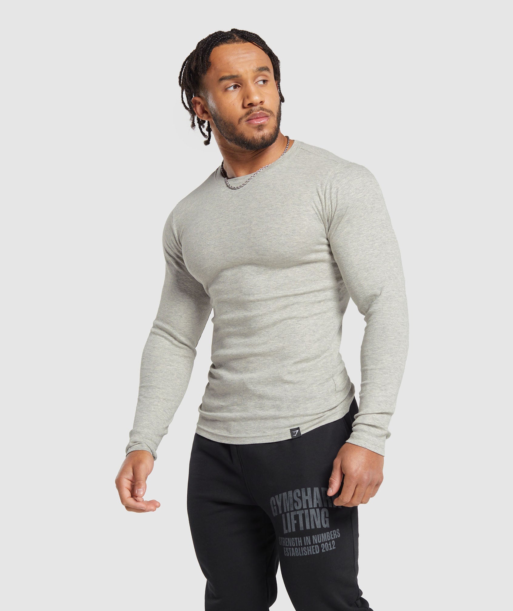 Ribbed Long Sleeve T-Shirt in Stone Grey Marl - view 2