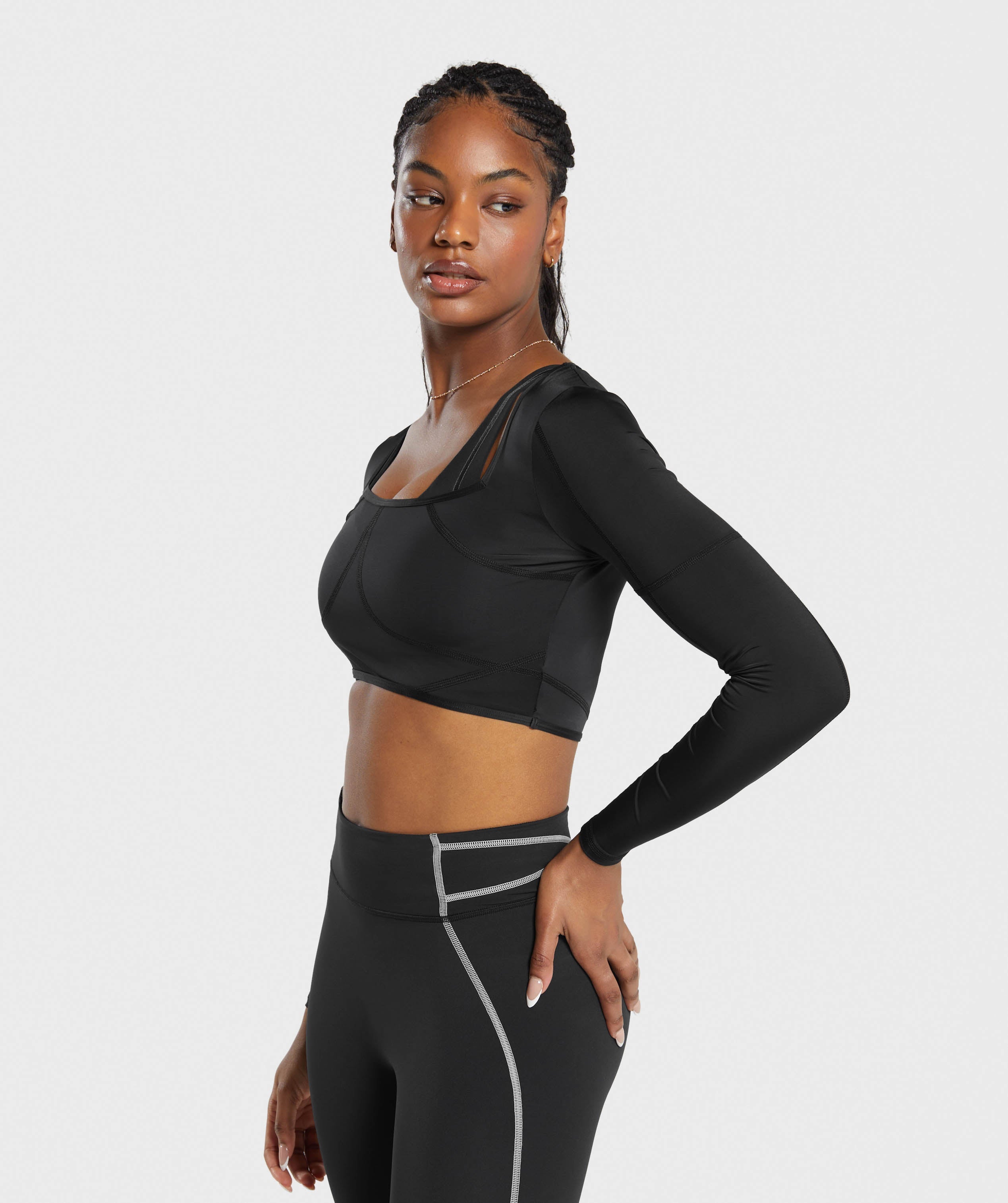 Stitch Feature Long Sleeve Crop Top in Black/Stock Black Marl - view 3