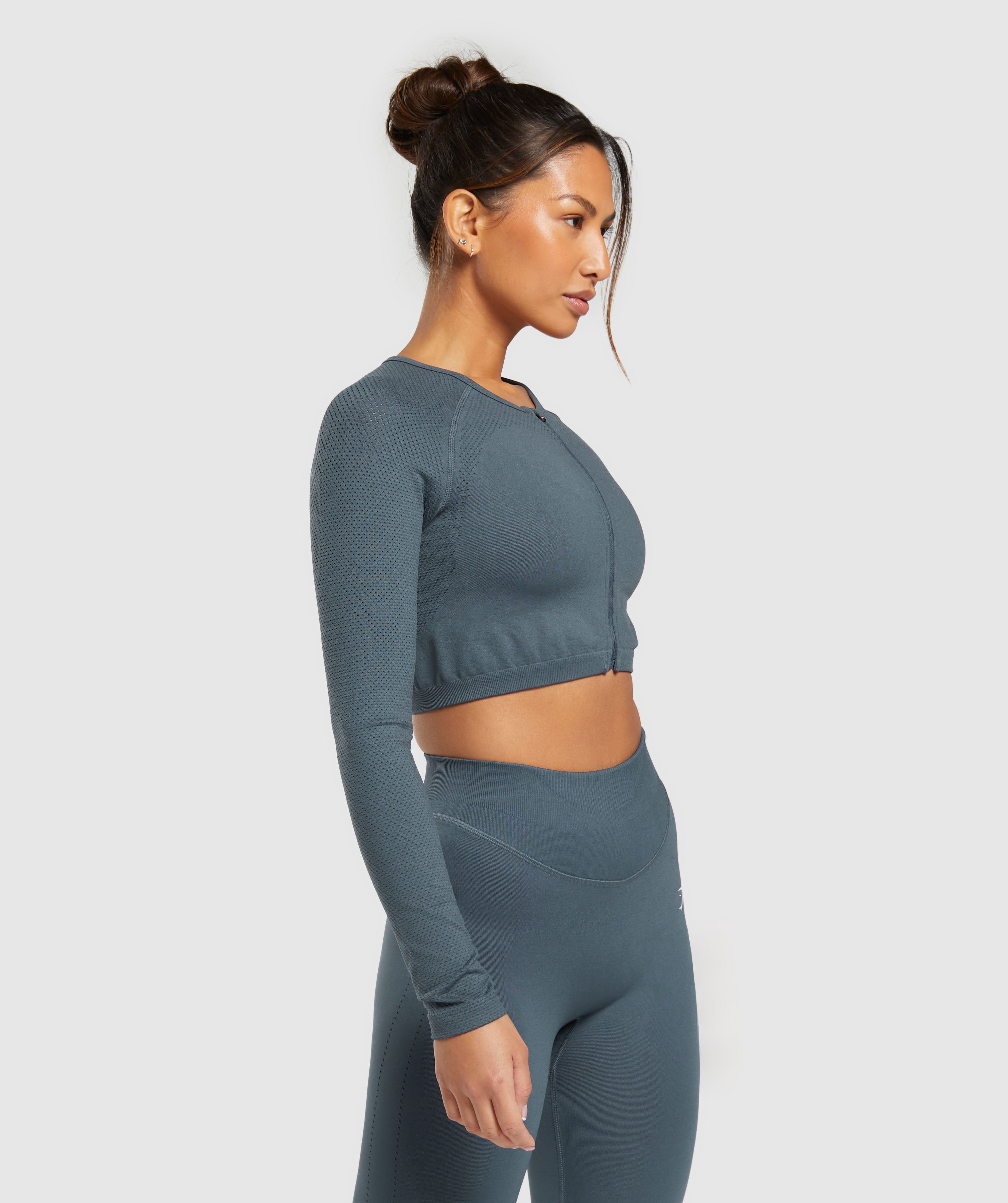 Sweat Seamless Long Sleeve Zip Crop Top in Titanium Blue - view 3