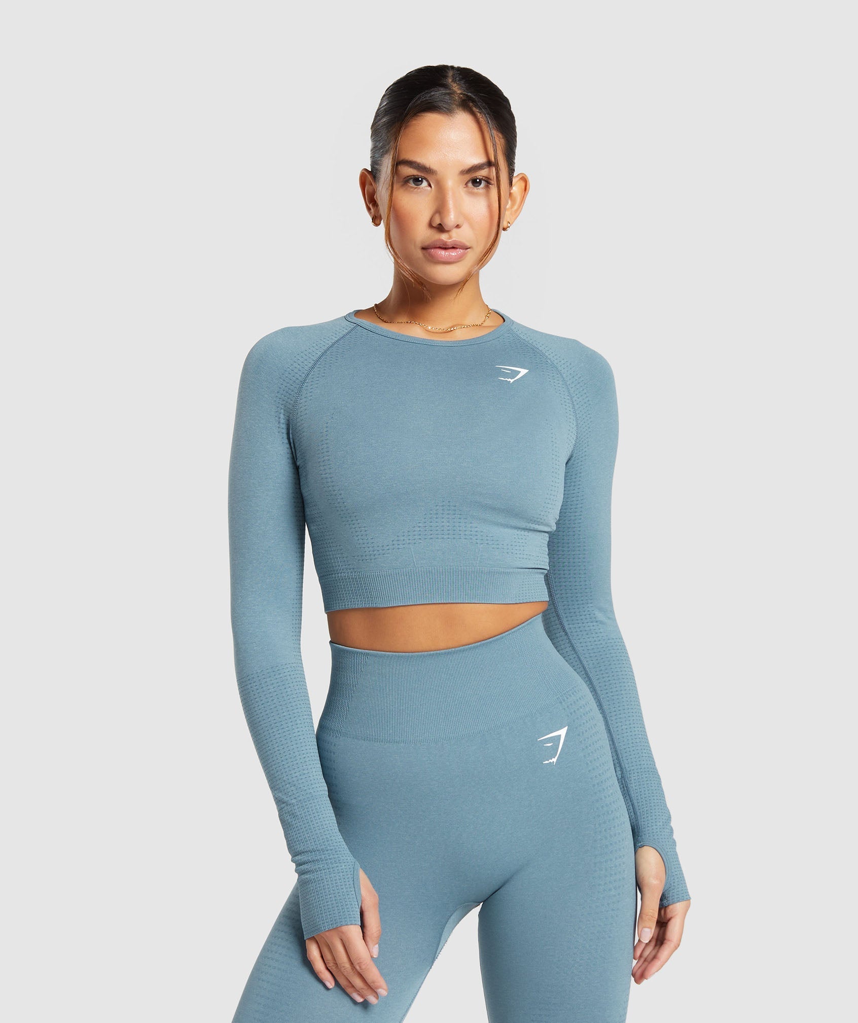 Light blue seamless set of thick leggings and long sleeve top - Peach Pump