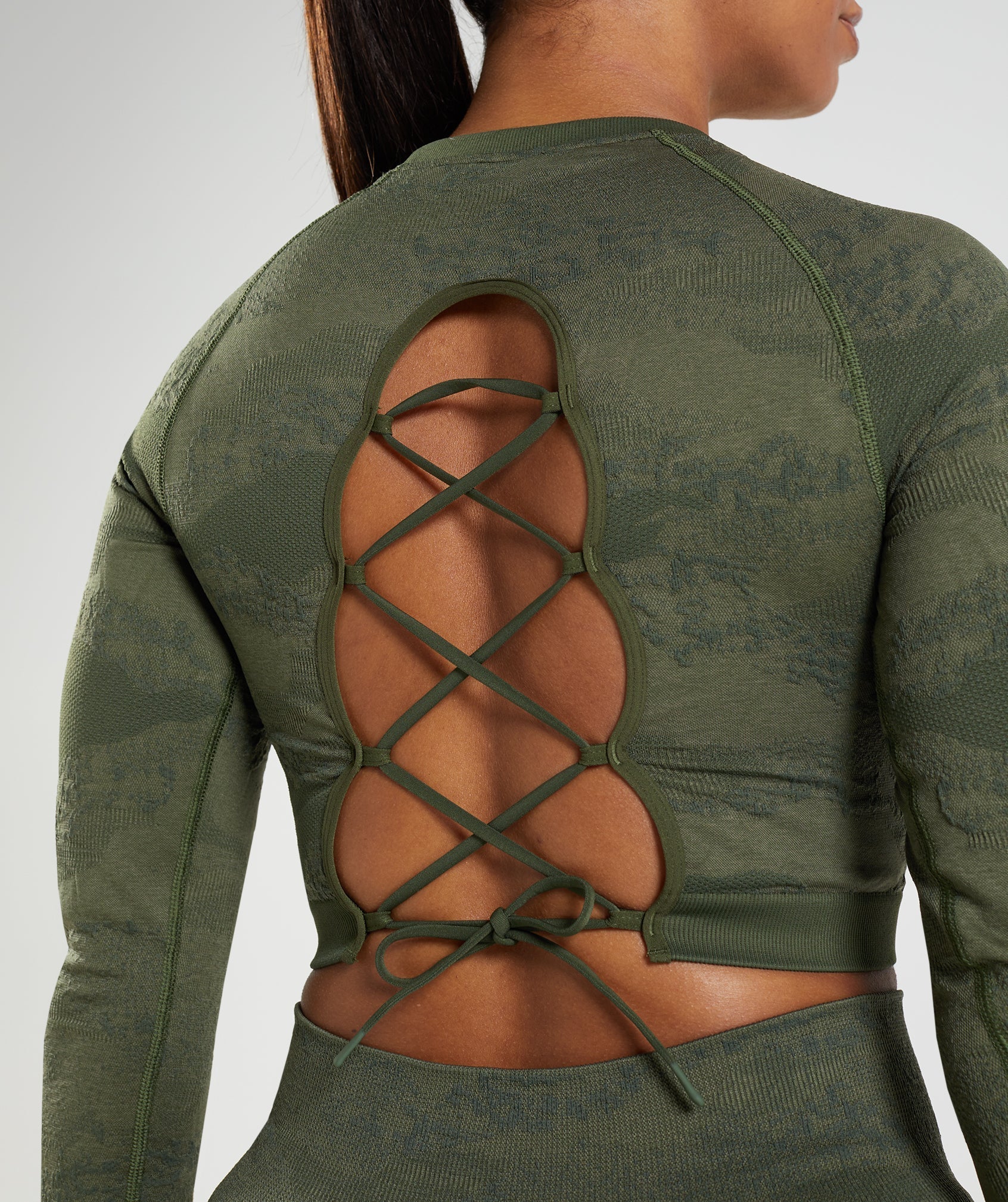 Adapt Camo Seamless Lace Up Back Top in Moss Olive/Core Olive