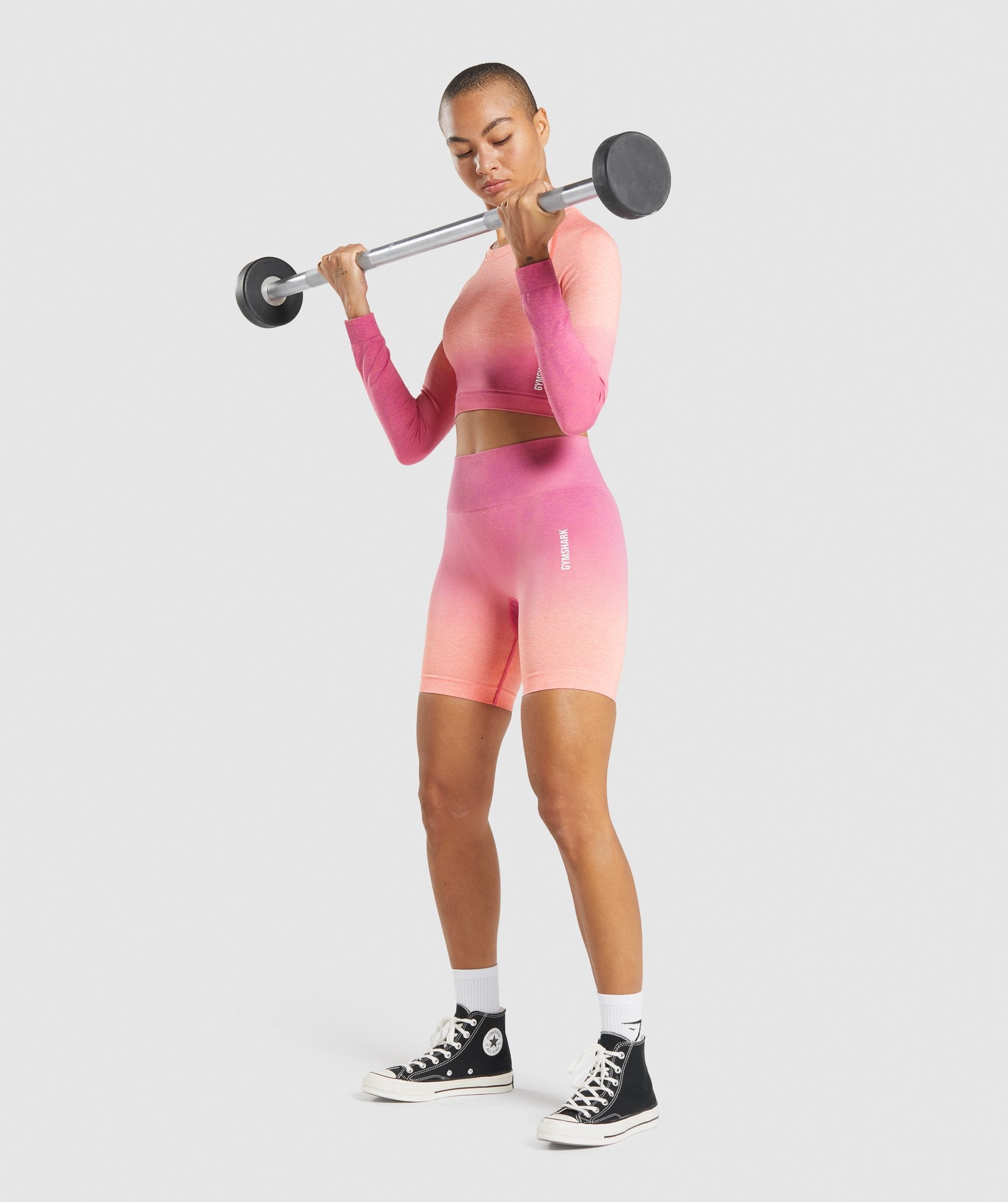 Gymshark Adapt Ombre Seamless Long Sleeve Crop Top - Light Grey Marl/Pink