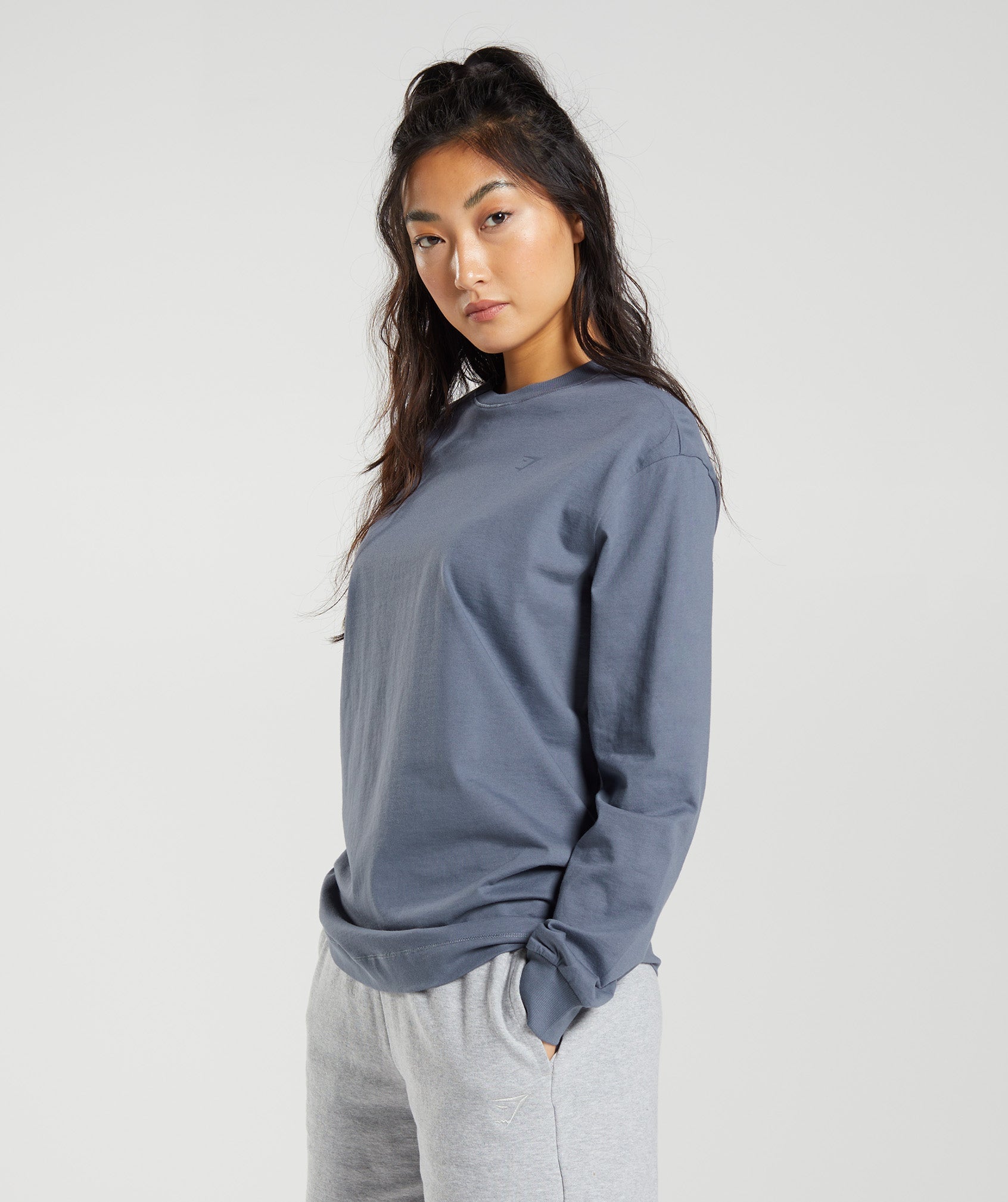 Cotton Oversized Long Sleeve Top in Evening Blue - view 3