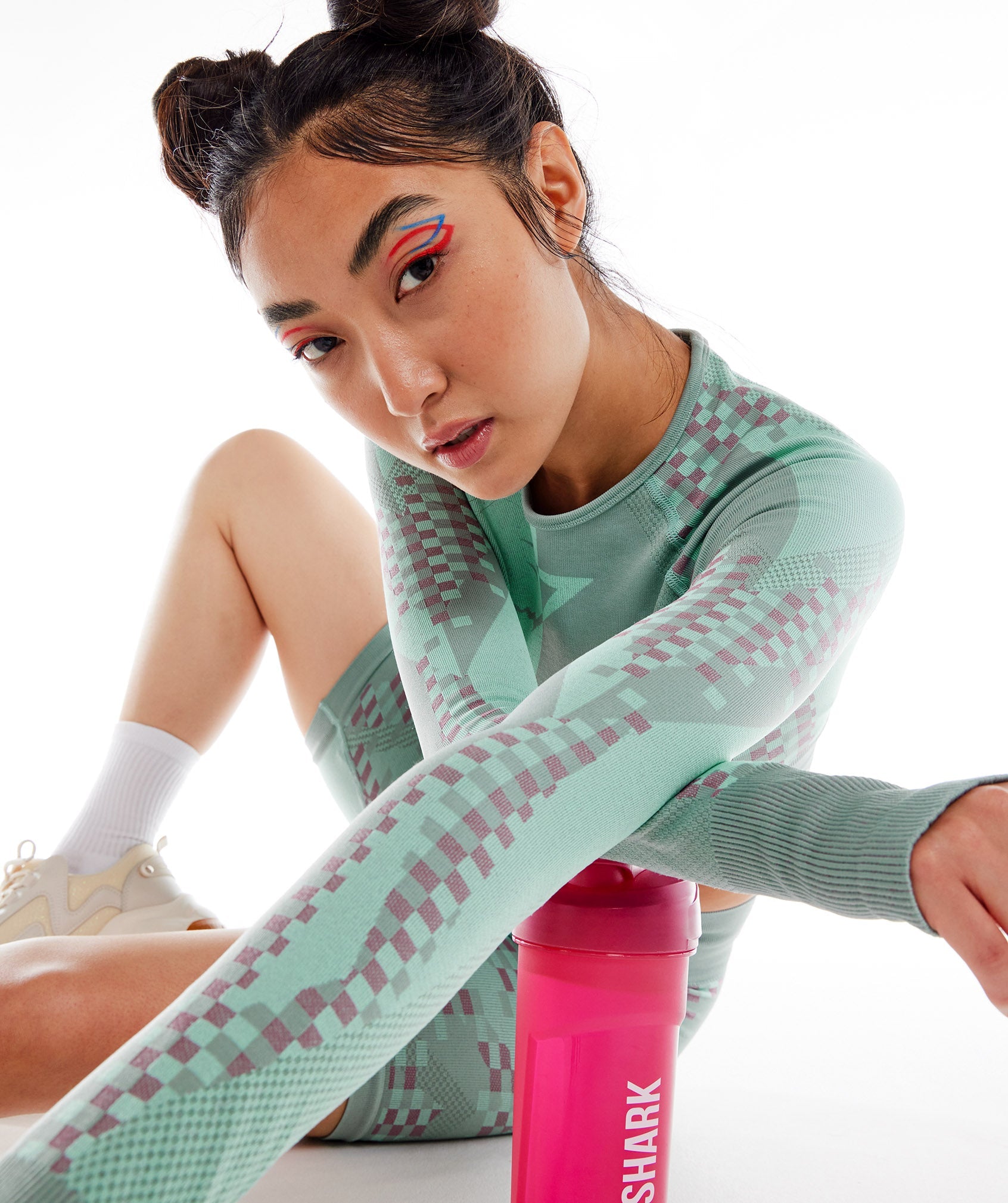 Wtflex Cyborg Seamless Long Sleeve Crop Top in Maya Blue/Hibiscus Pink/Turbo Blue - view 5