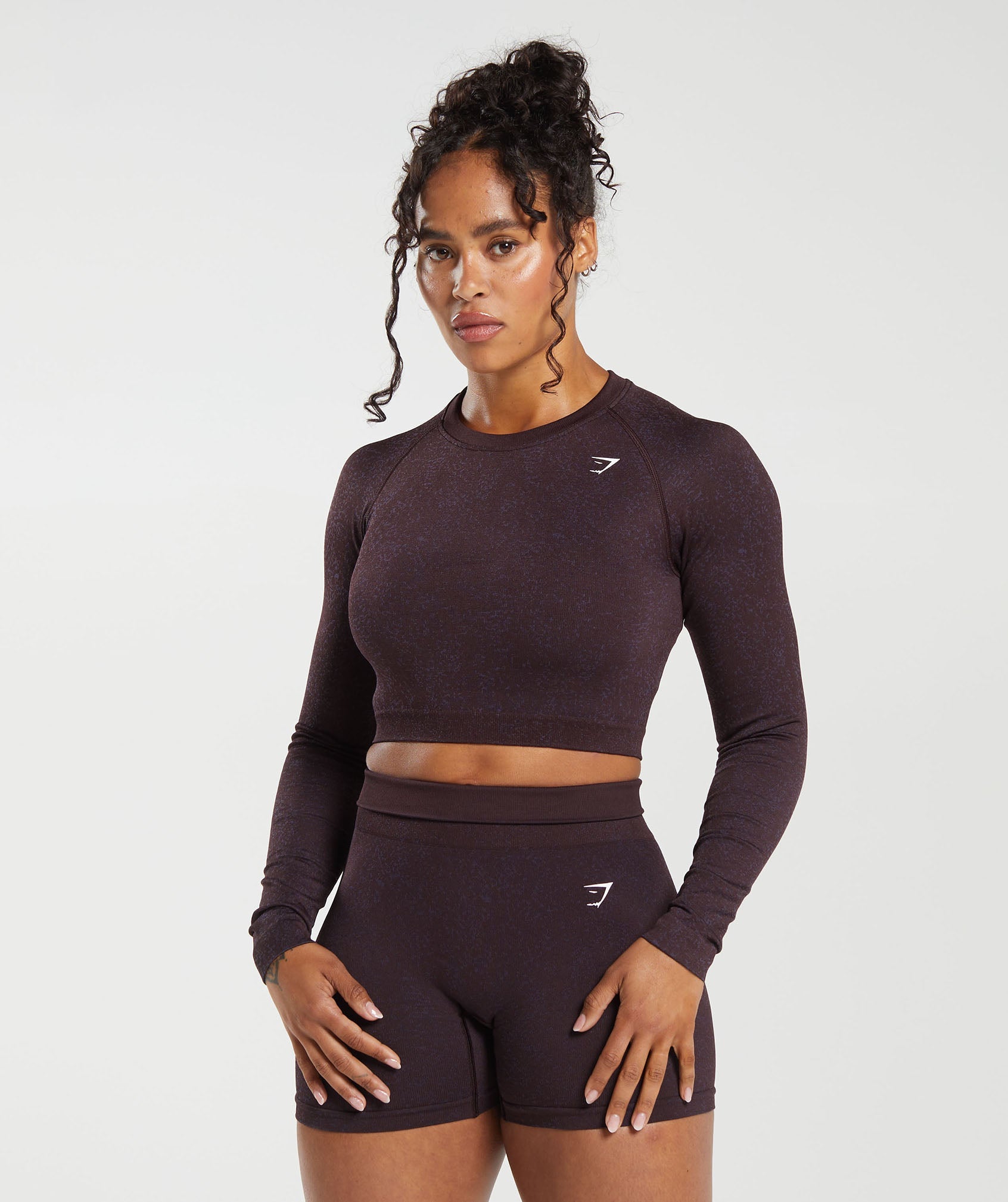 Adapt Fleck Seamless Long Sleeve Crop Top in Plum Brown/Dewberry Purple - view 1