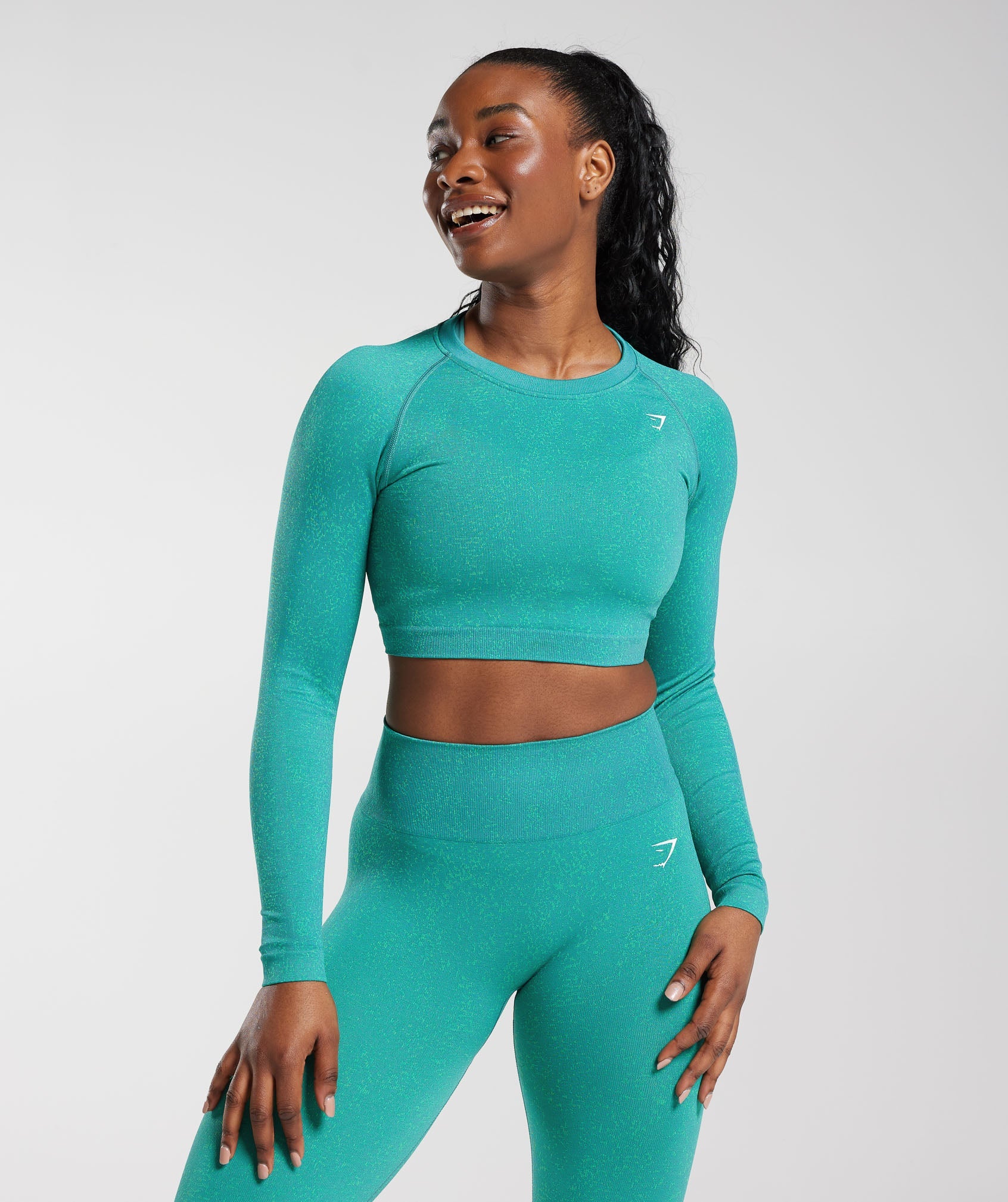 Gymshark Adapt Fleck Seamless Long Sleeve Crop Top - Dusk Green/Light Sage  Green