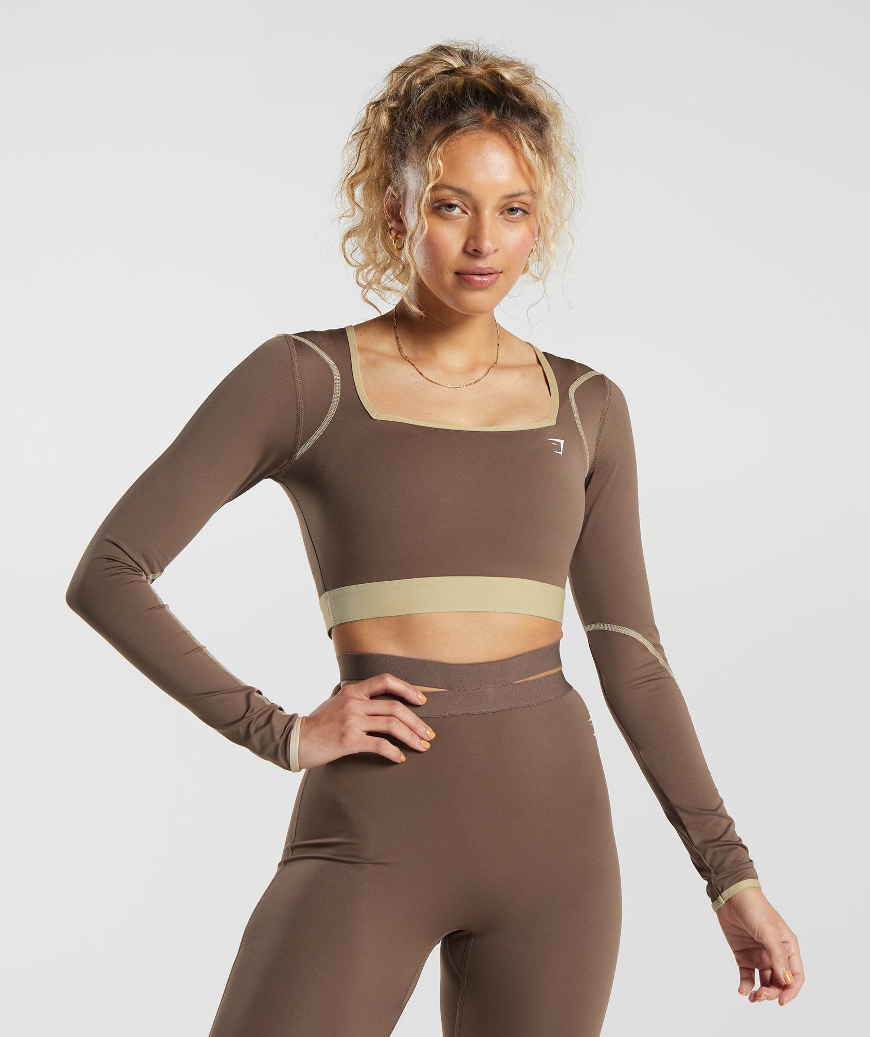 Contrast Long Sleeve Crop Top in Soft Brown/Desert Beige - view 1