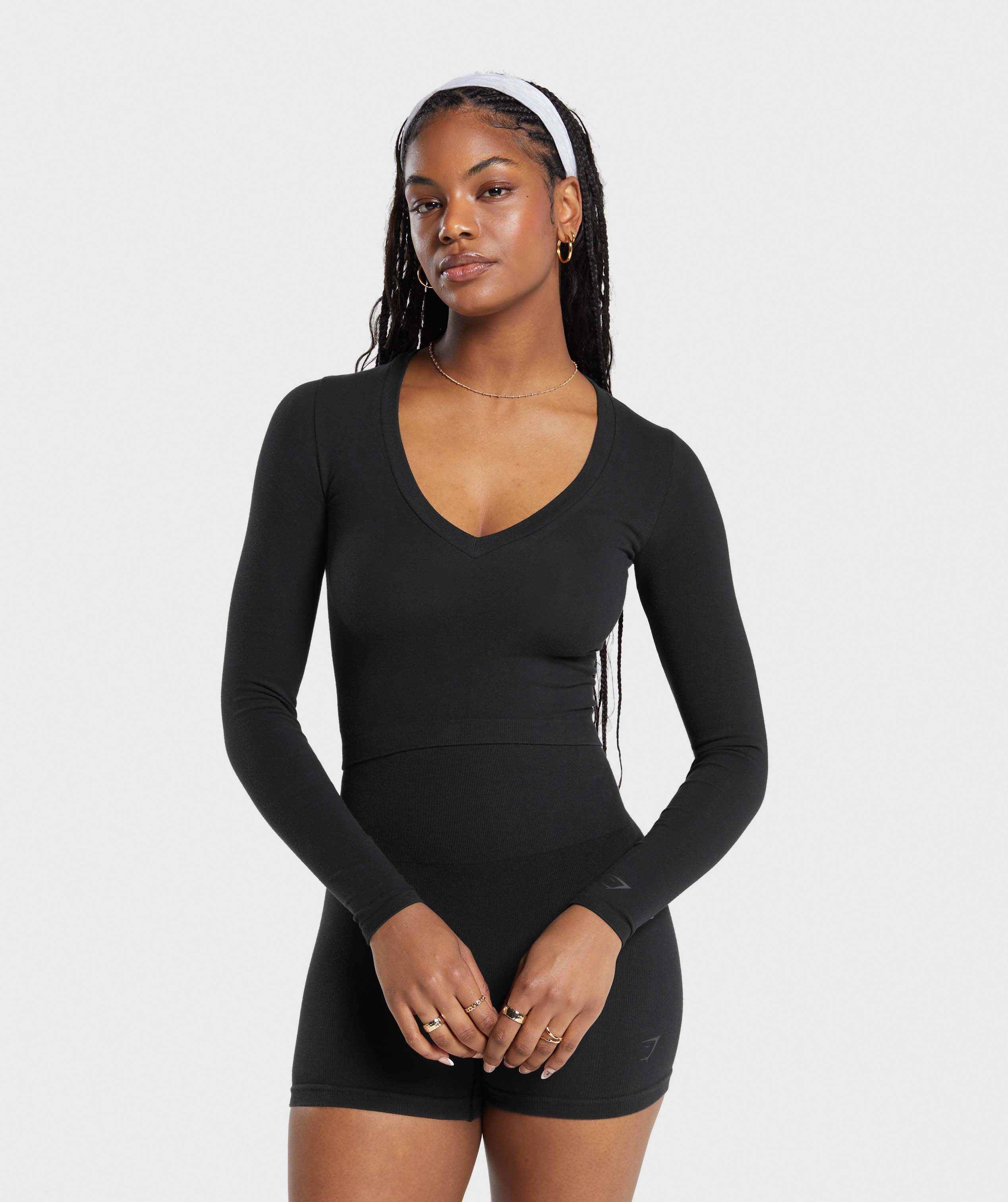 Cotton Seamless Long Sleeve Midi Top in Black - view 1
