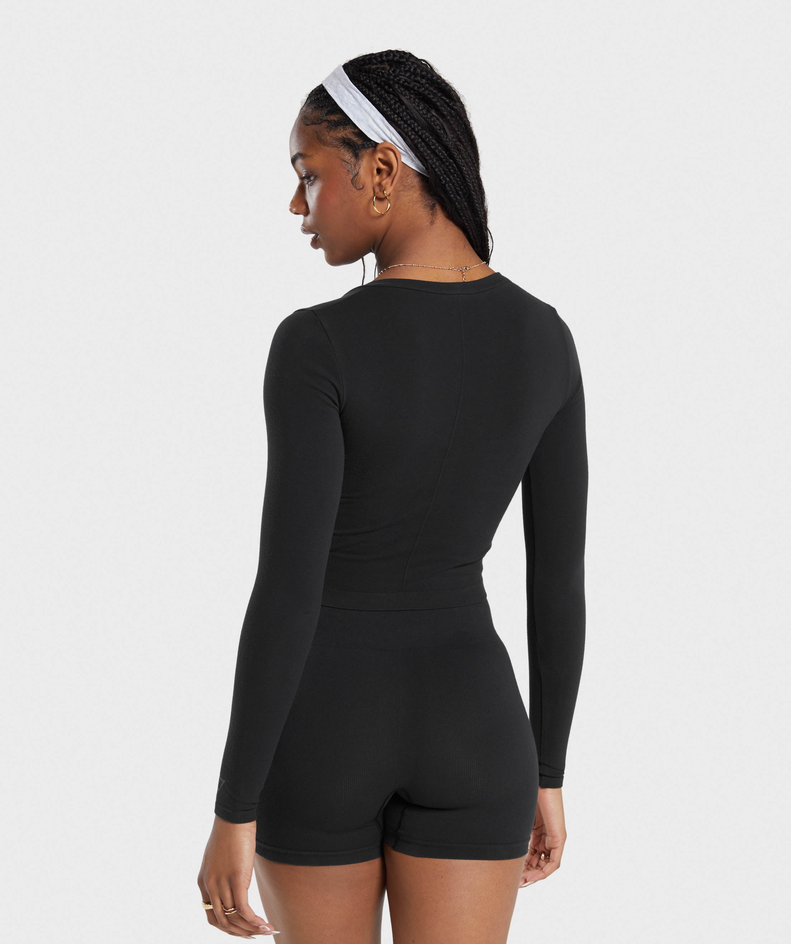 Cotton Seamless Long Sleeve Midi Top in Black - view 2