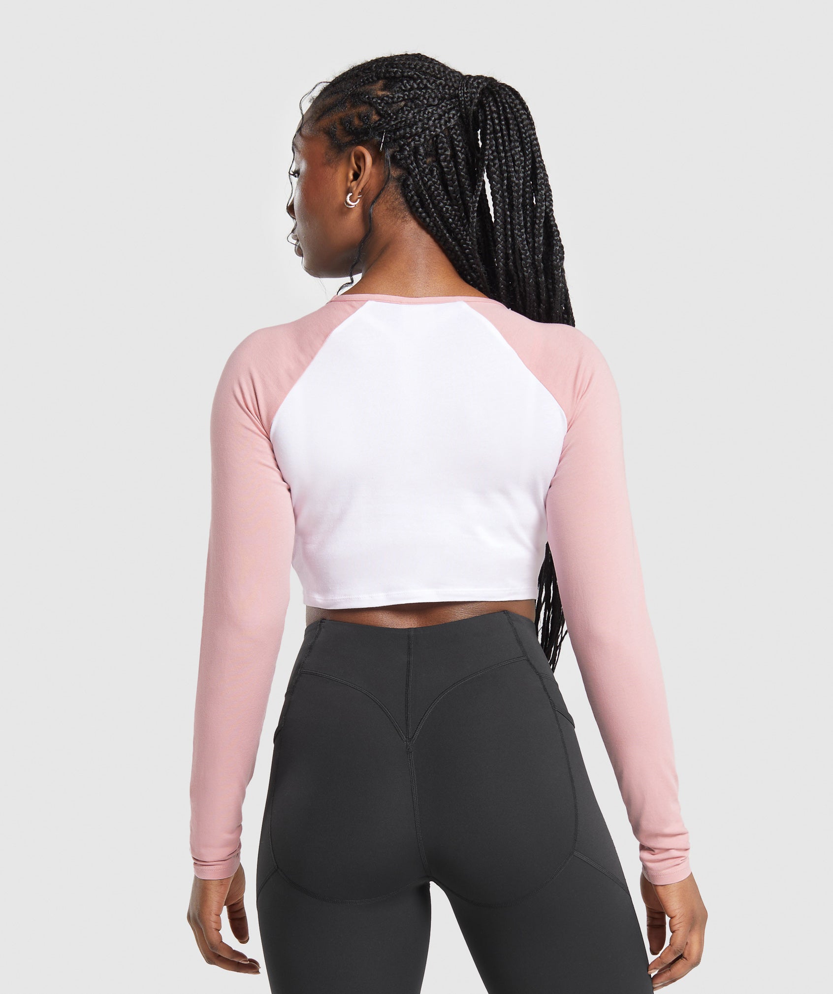 Lifting Essential Long Sleeve Crop Top in White/Light Pink - view 2