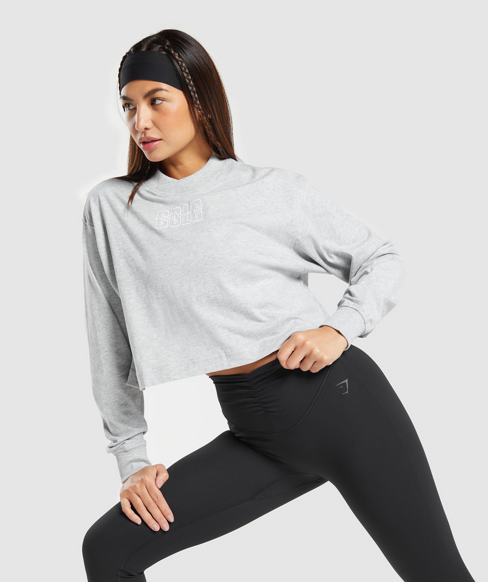 Outline Graphic Oversized Long Sleeve Top in Light Grey Core Marl - view 7