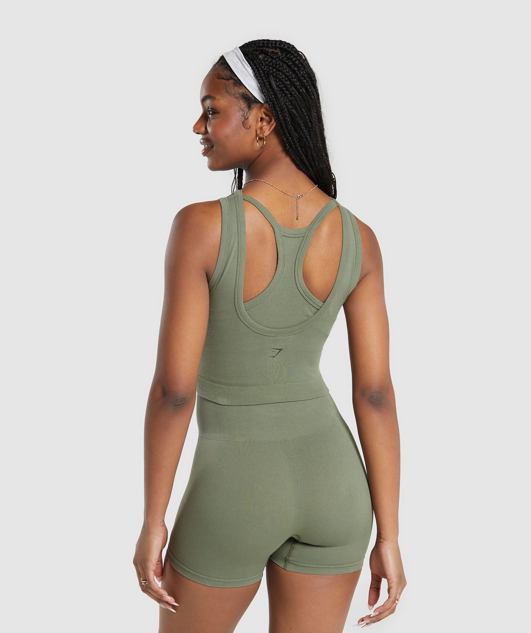 Ribbed Cotton Seamless Body Fit Tank in Base Green - view 2