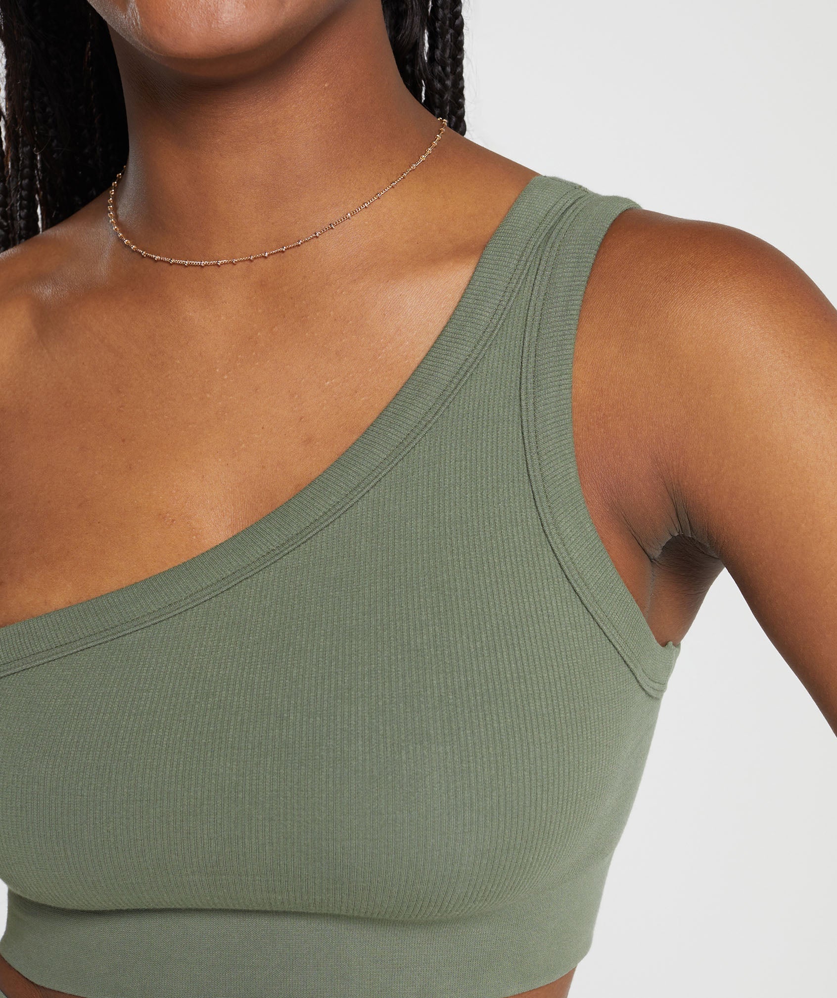 Ribbed Cotton Seamless One Shoulder  Bra in Base Green - view 5