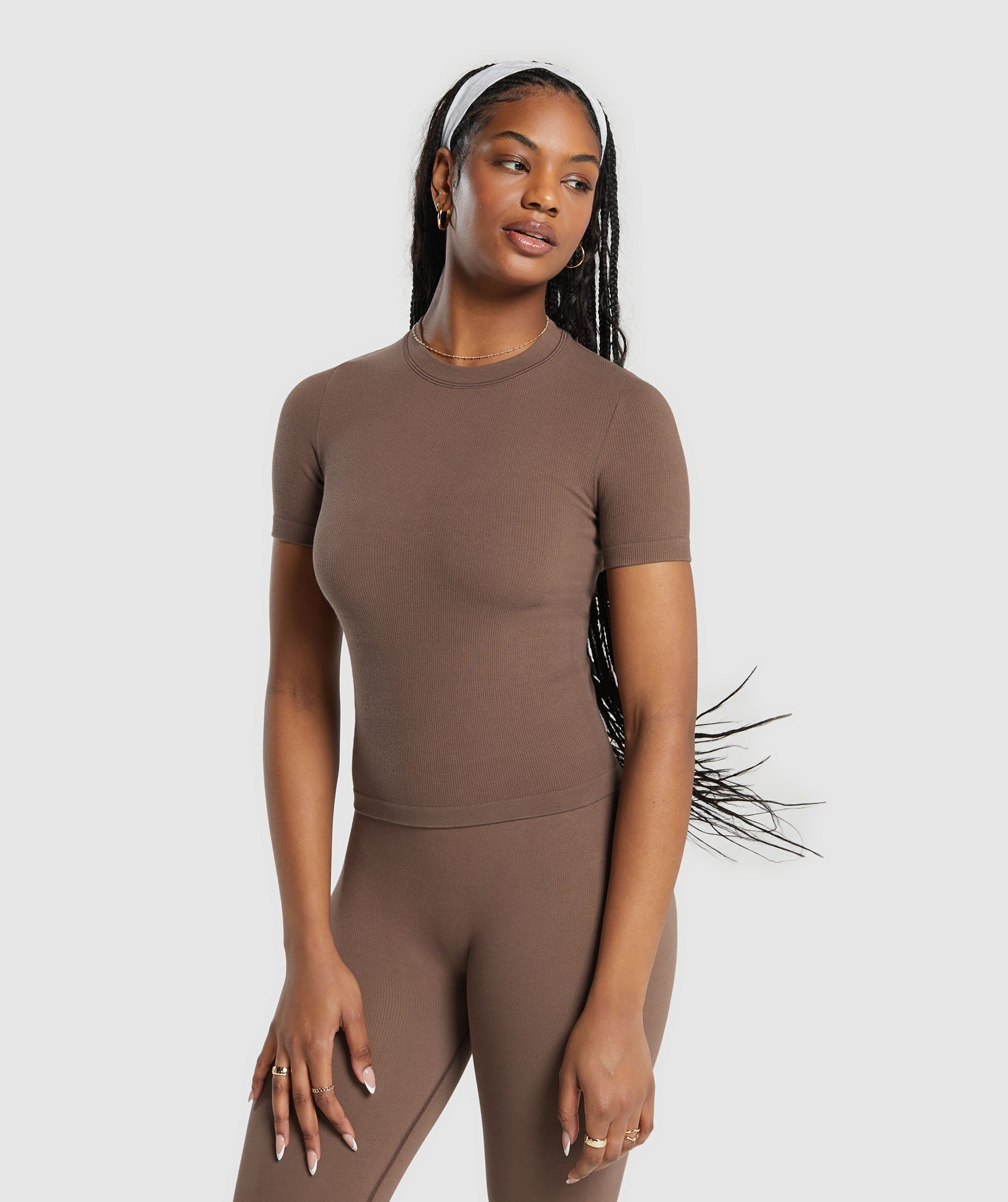 Ribbed Cotton Seamless T-Shirt in Soft Brown - view 1