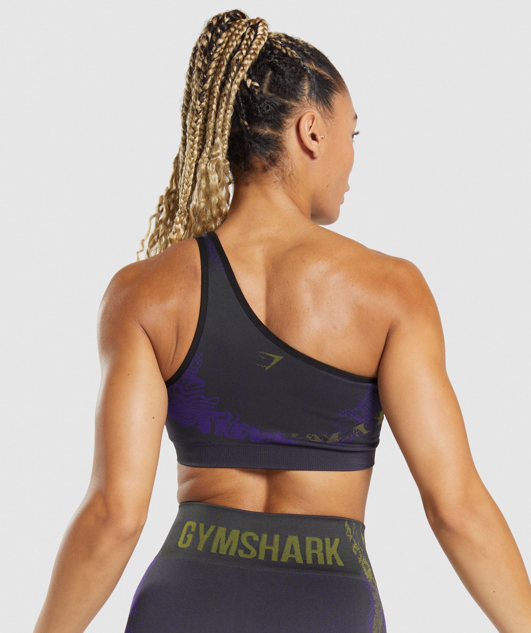 Gymshark WTFlex Seamless One Shoulder Sports Bra - Black/Neptune  Purple/Reactive Green