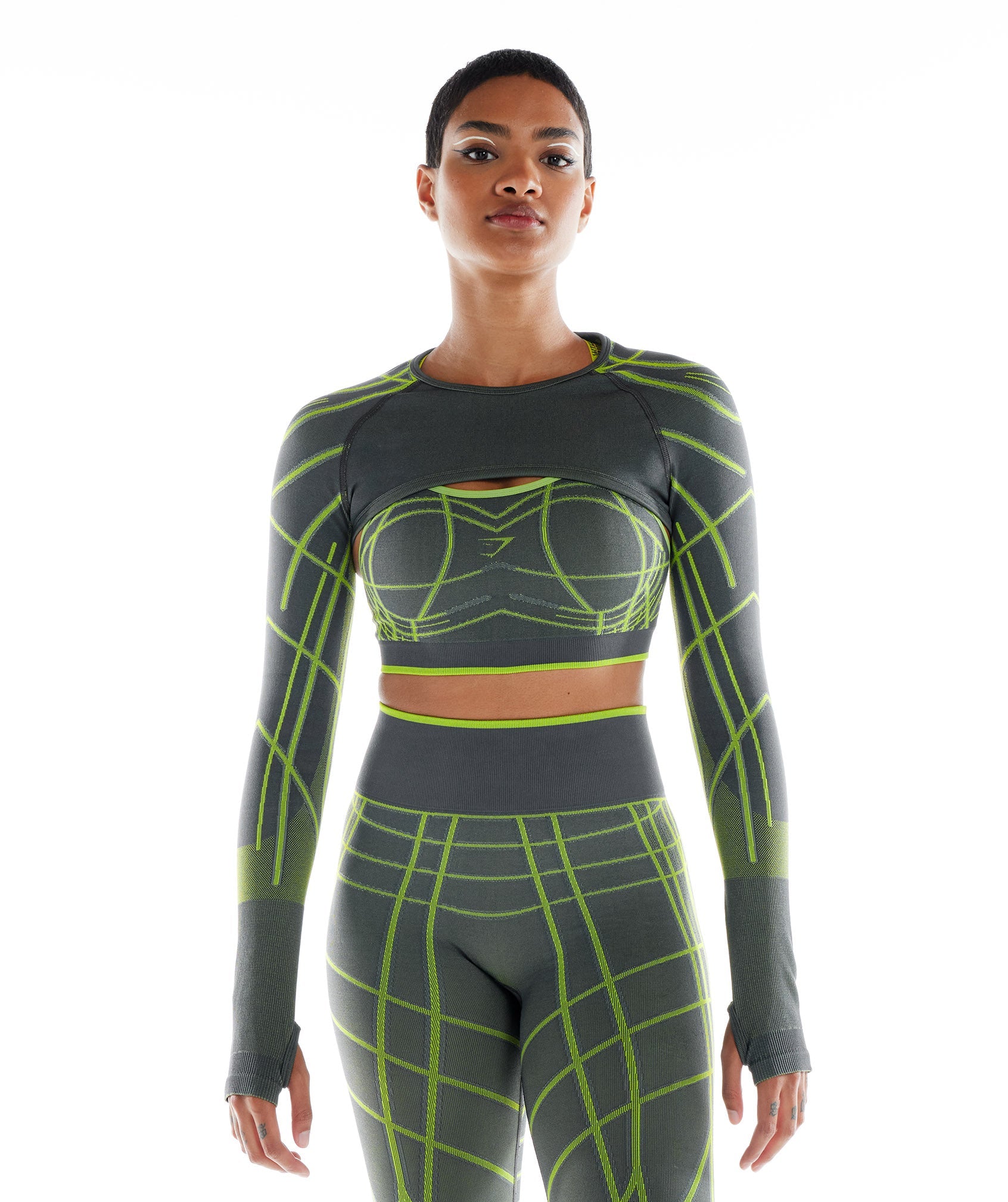 Wtflex Linear Seamless Long Sleeve Shrug in  Charcoal Grey/Fluo Green/Light Grey - view 1