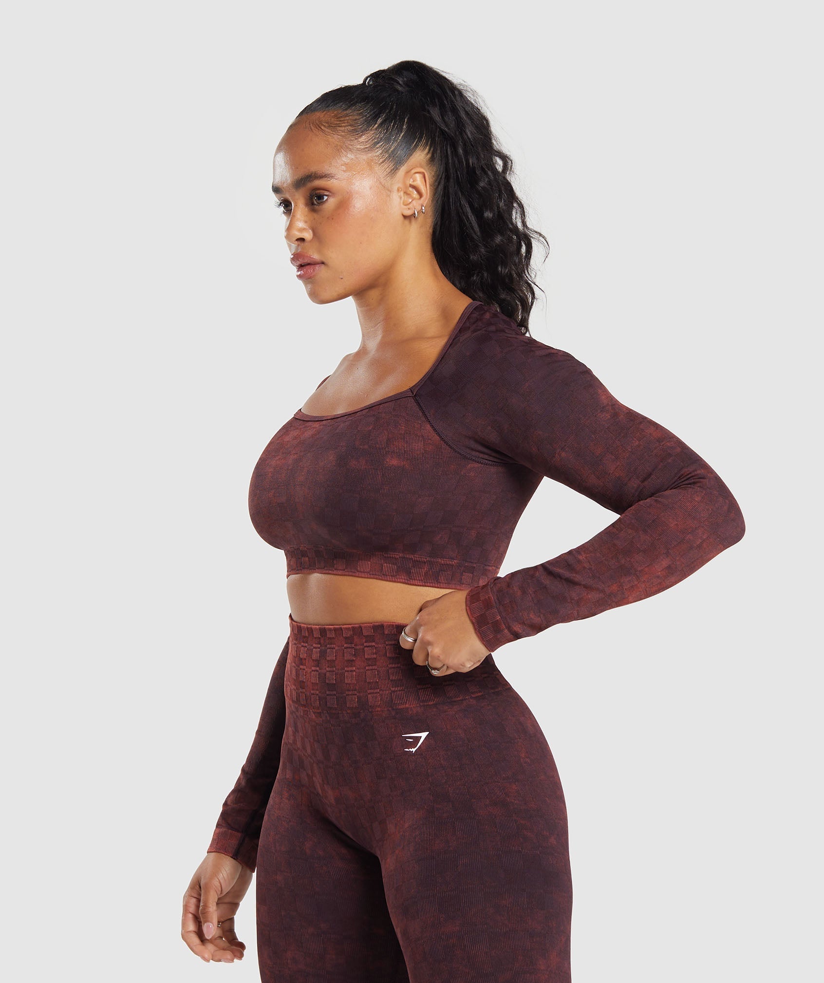 Check Seamless Washed Long Sleeve Top in Plum Brown - view 3