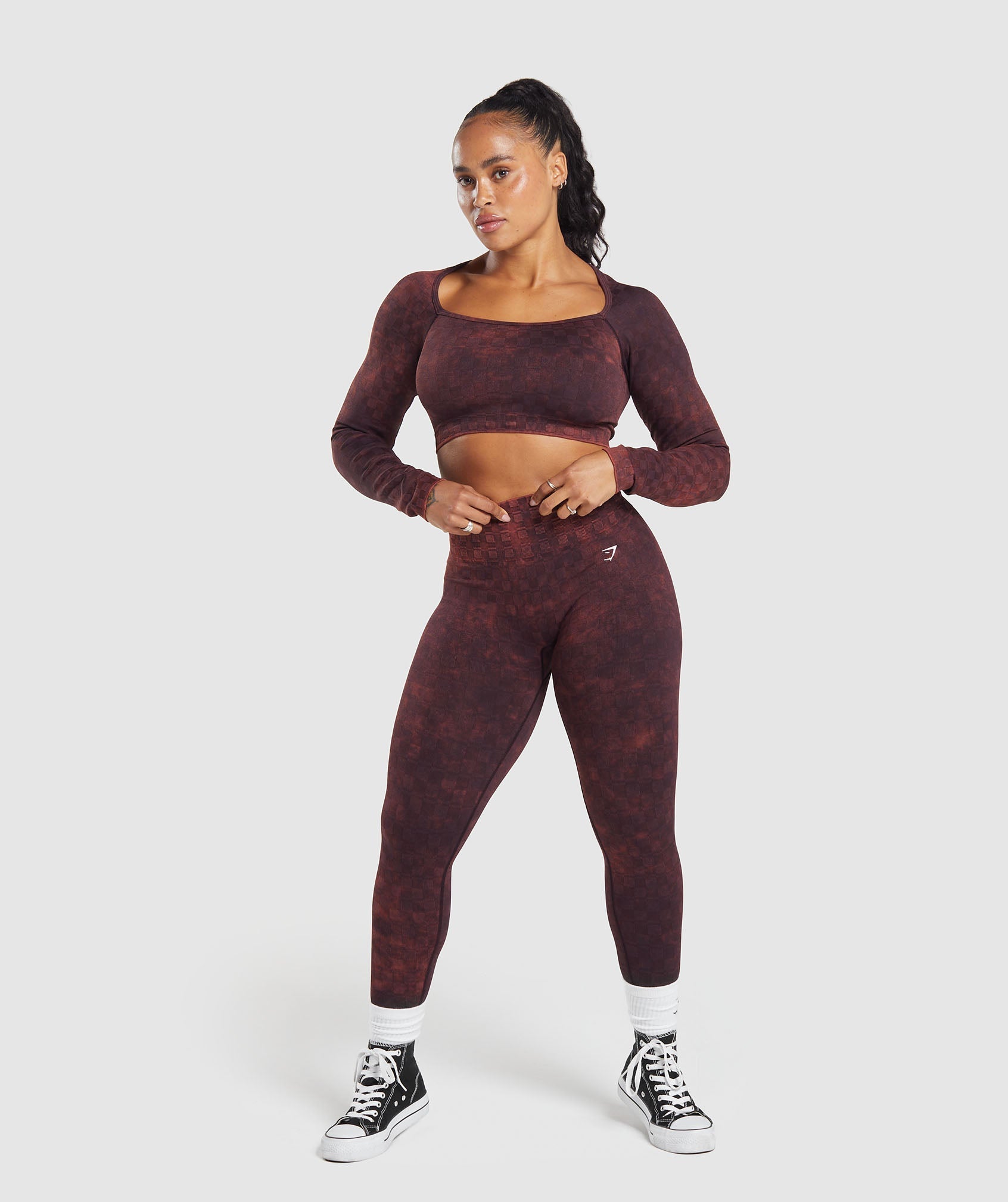 Check Seamless Washed Long Sleeve Top in Plum Brown - view 4
