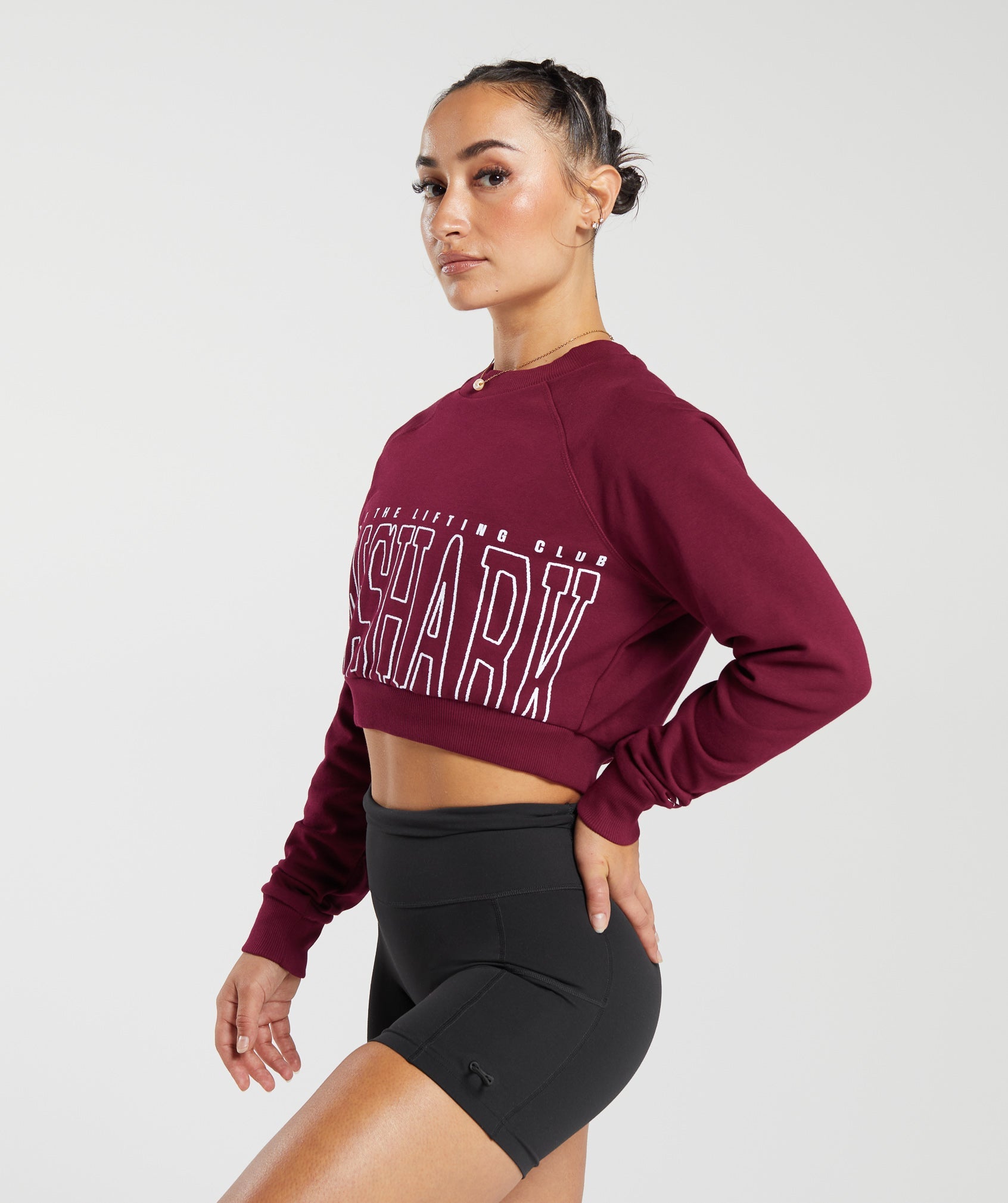 Lifting Graphic Cropped Sweatshirt in Plum Pink - view 3