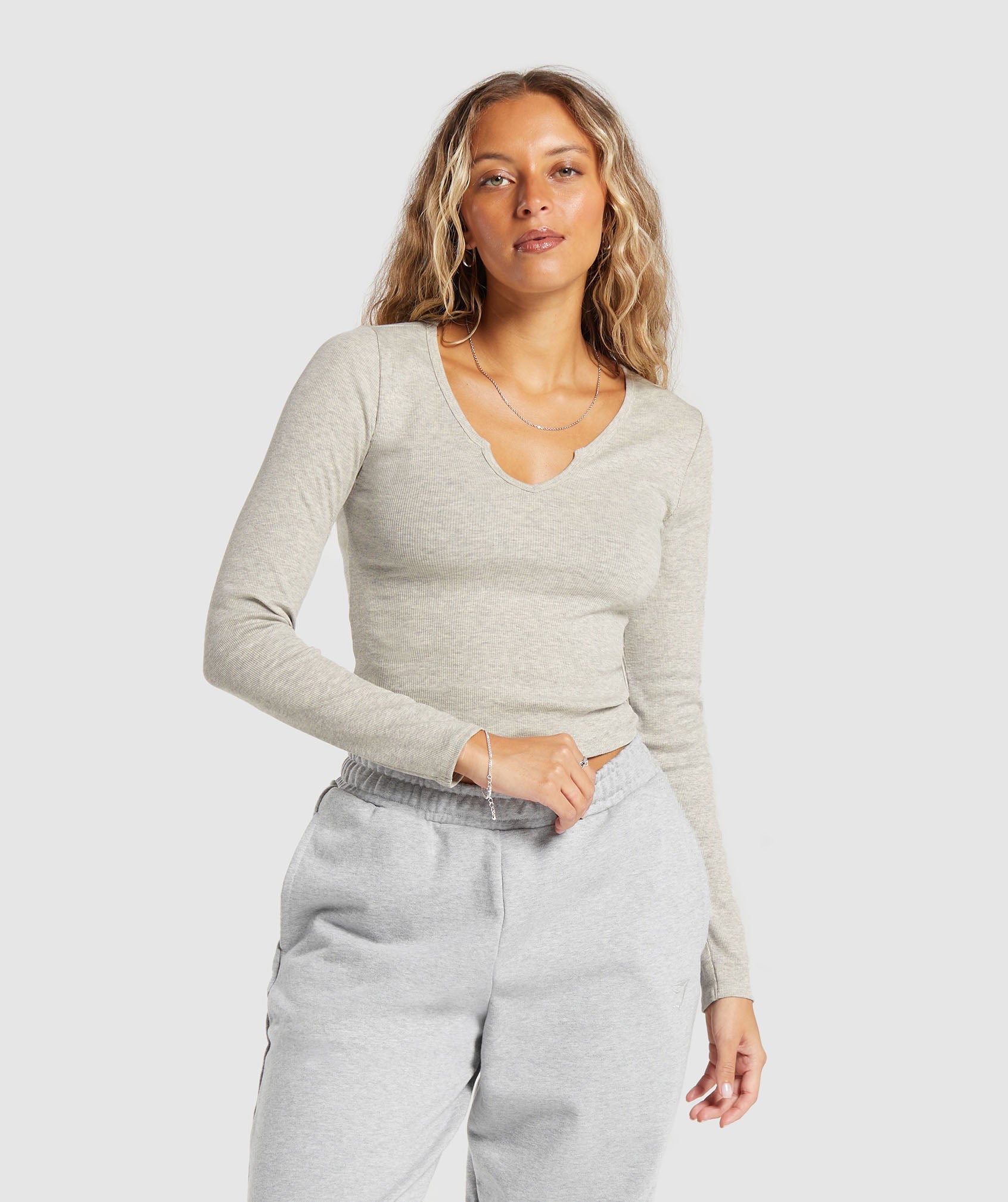 Rib Long Sleeve Top in Stone Grey Marl - view 1