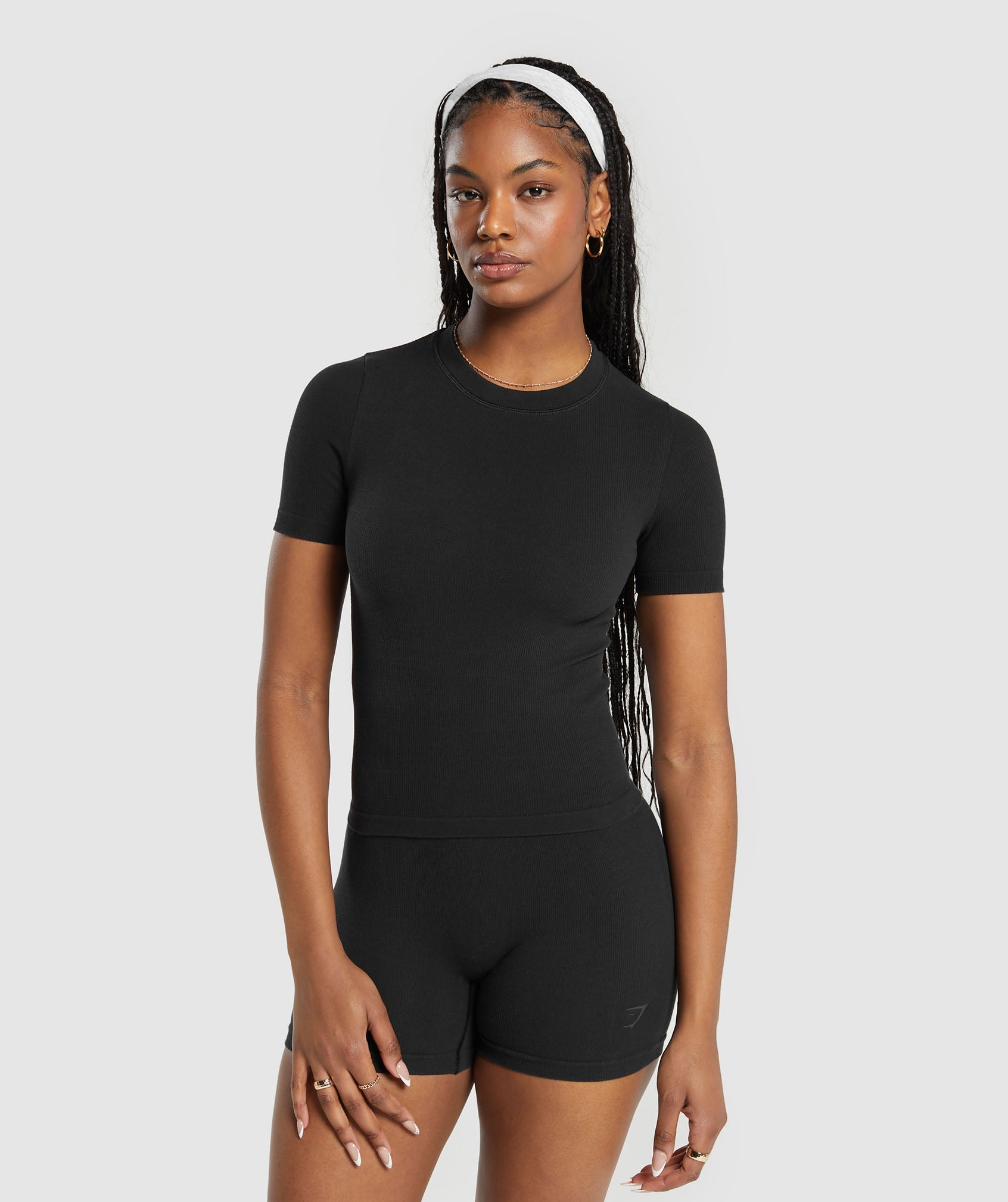 Ribbed Cotton Seamless T-Shirt in Black - view 1