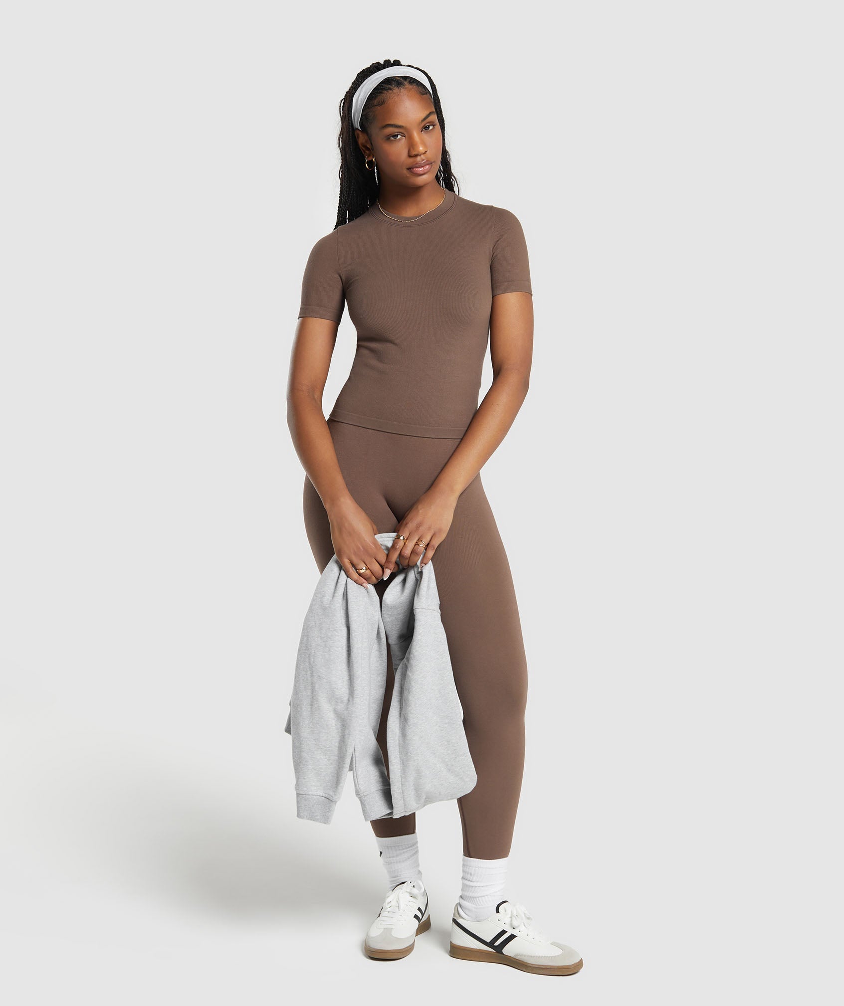 Ribbed Cotton Seamless T-Shirt in Soft Brown - view 4
