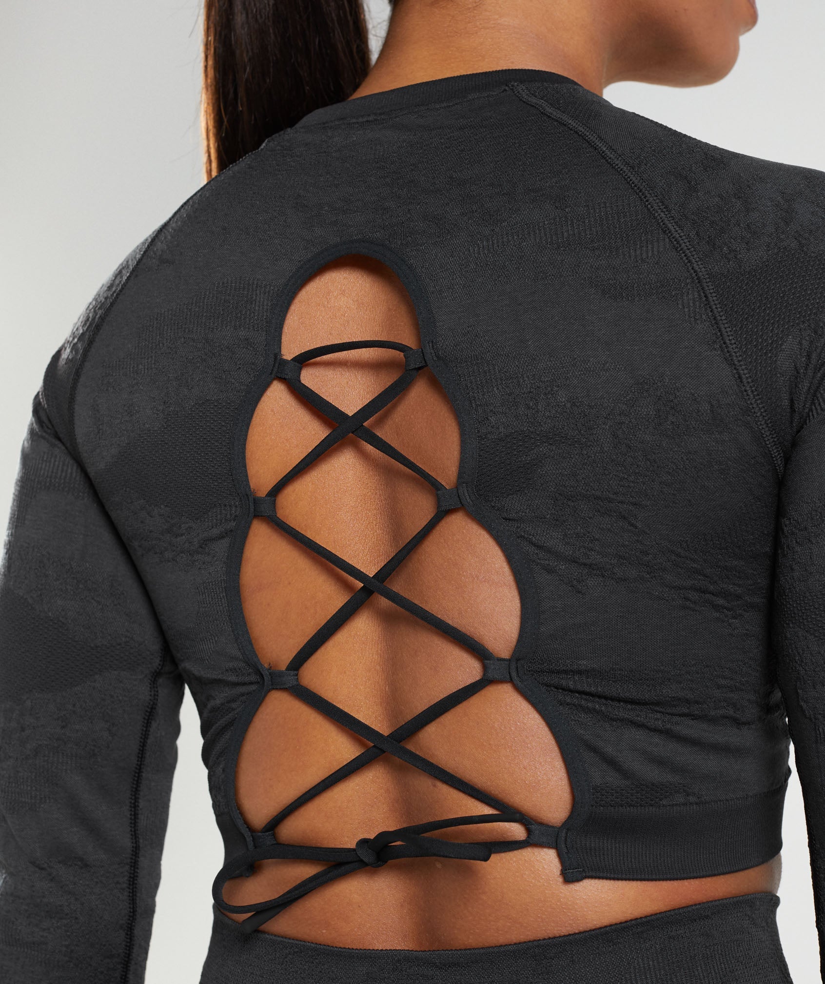 Adapt Camo Seamless Lace Up Back Top in Black/Onyx Grey