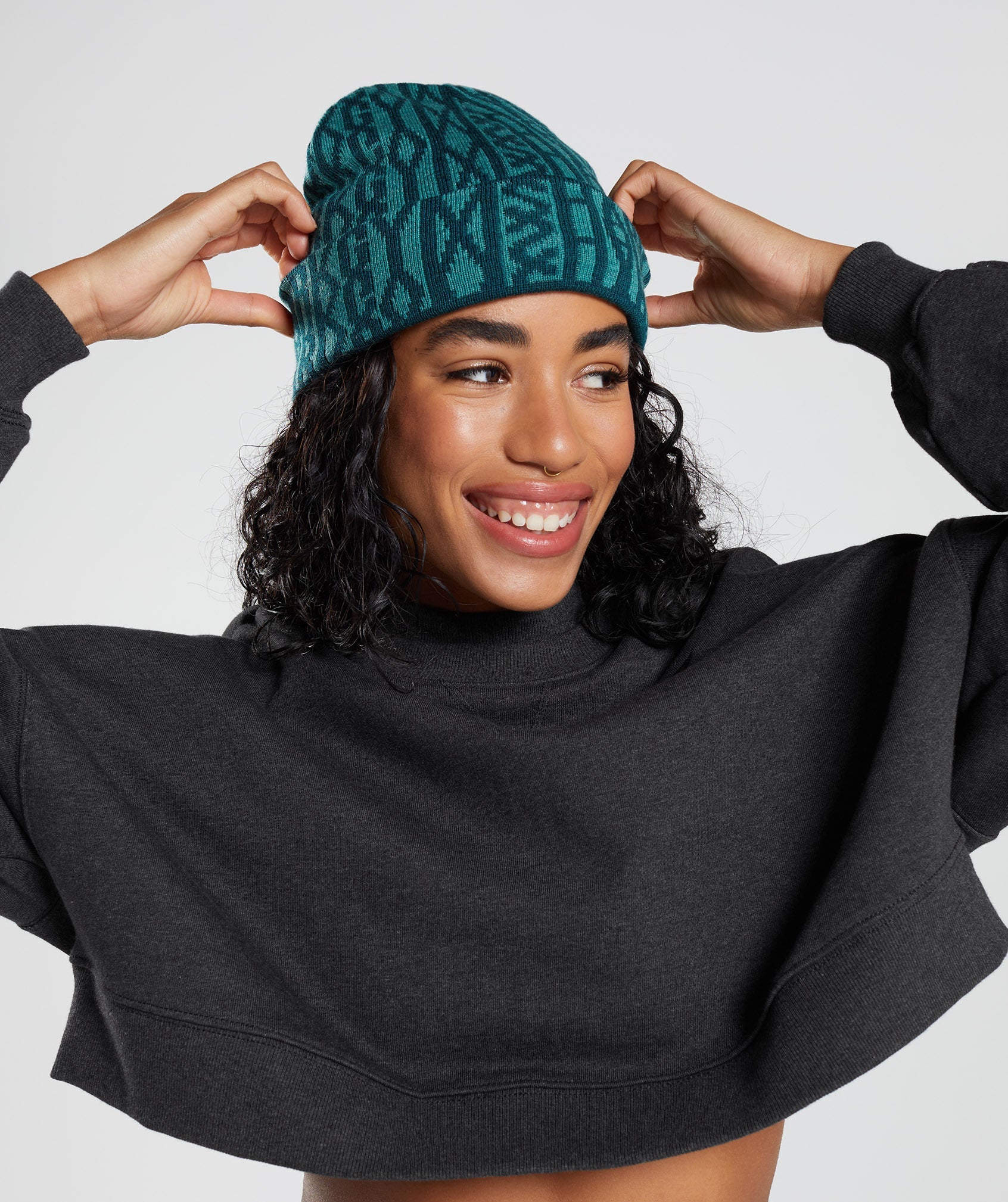 Reversable Jacquard Beanie in Winter Teal/Slate Blue