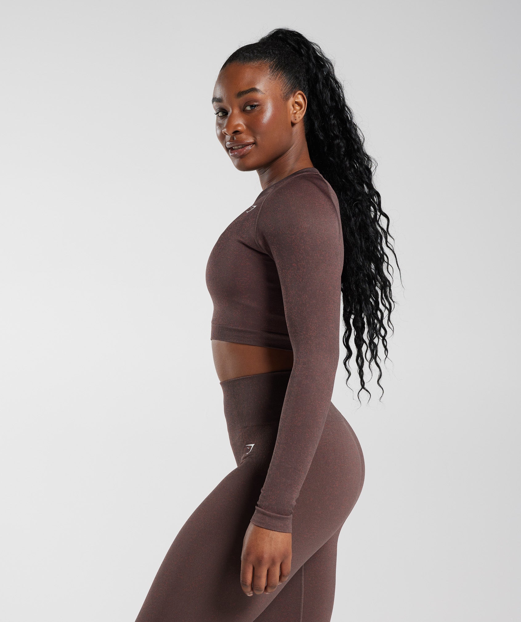 Adapt Fleck Seamless Long Sleeve Crop Top in Chocolate Brown - view 3