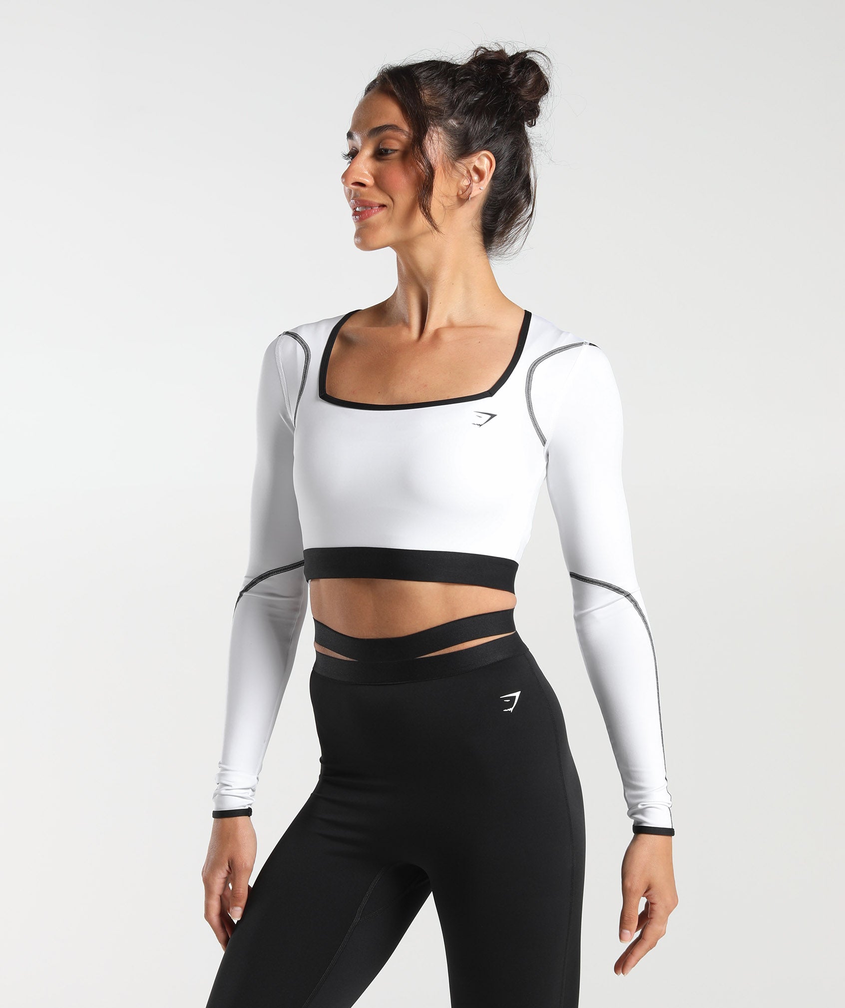 Contrast Long Sleeve Crop Top in White - view 3