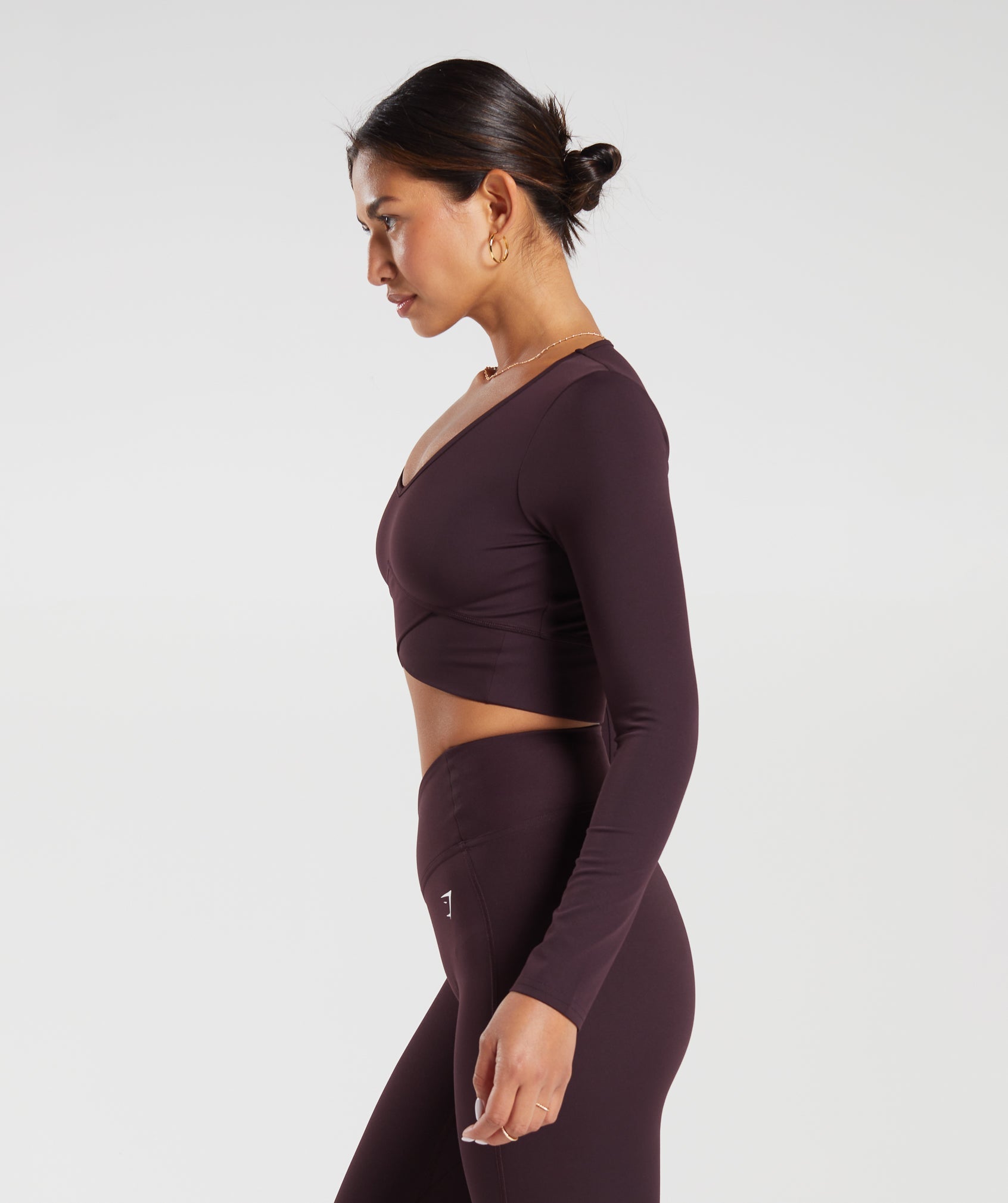 Crossover Long Sleeve Crop Top in Plum Brown - view 3