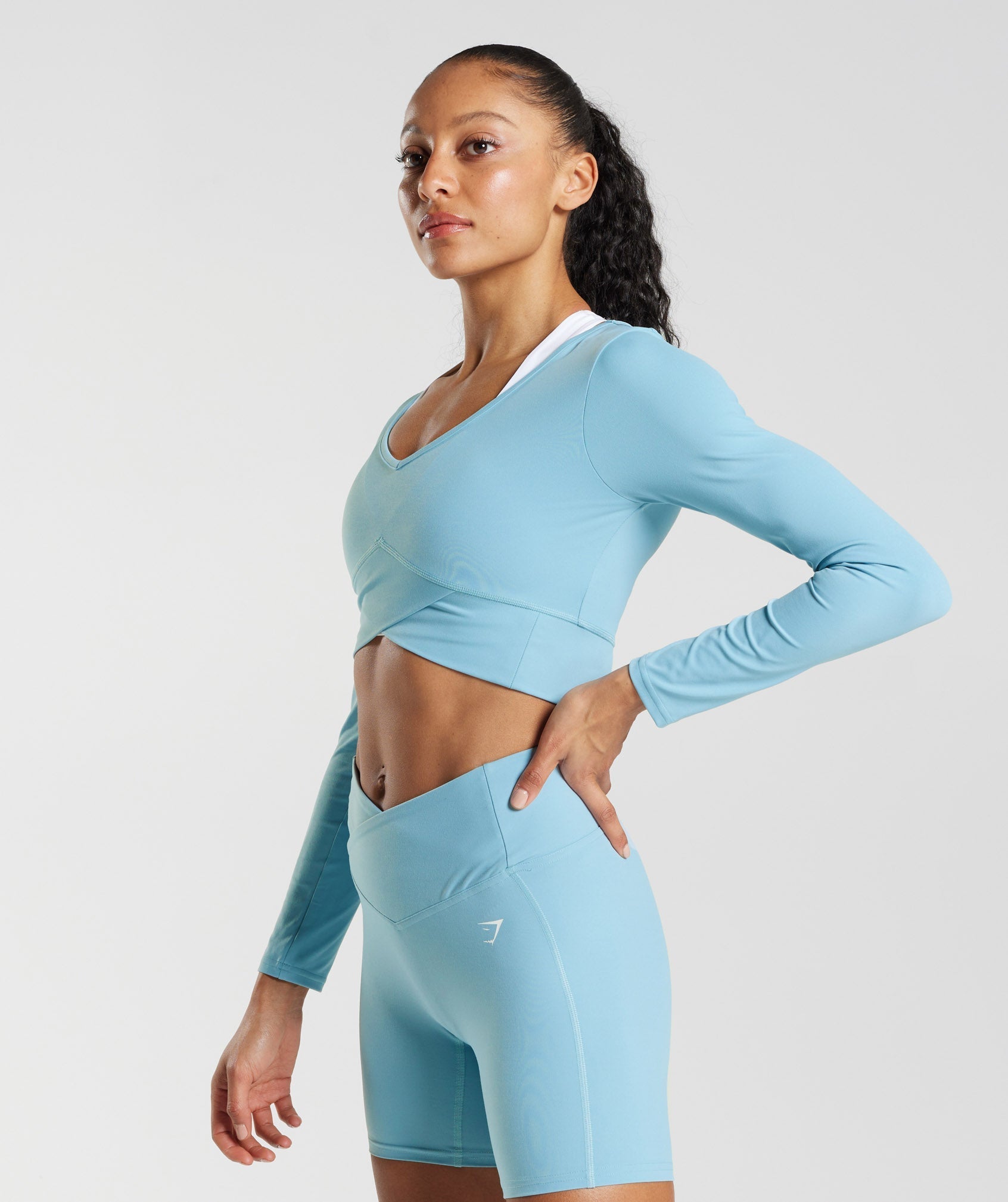 Crossover Long Sleeve Crop Top in Iceberg Blue - view 3