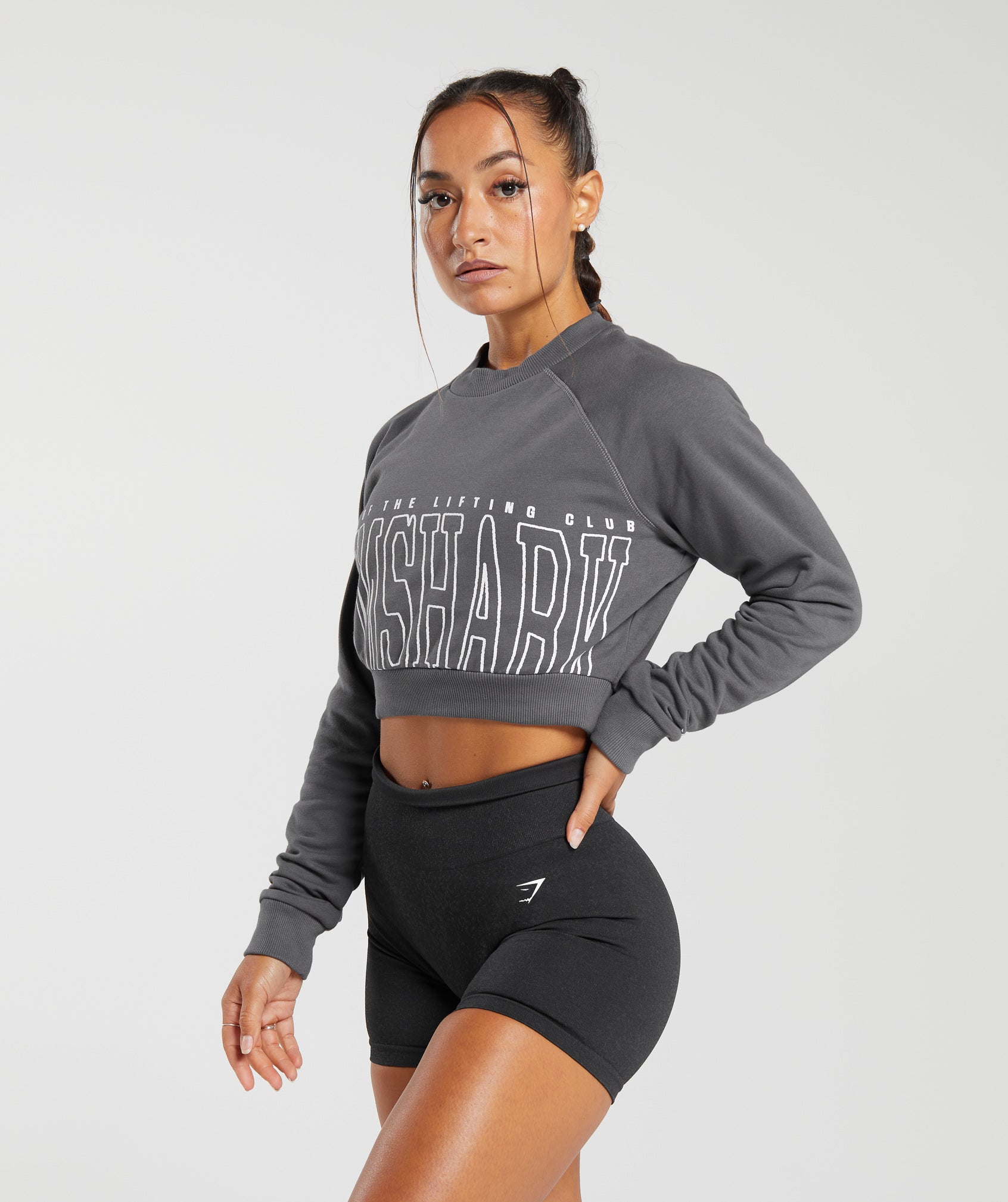 Lifting Graphic Cropped Sweatshirt in Dark Grey - view 3