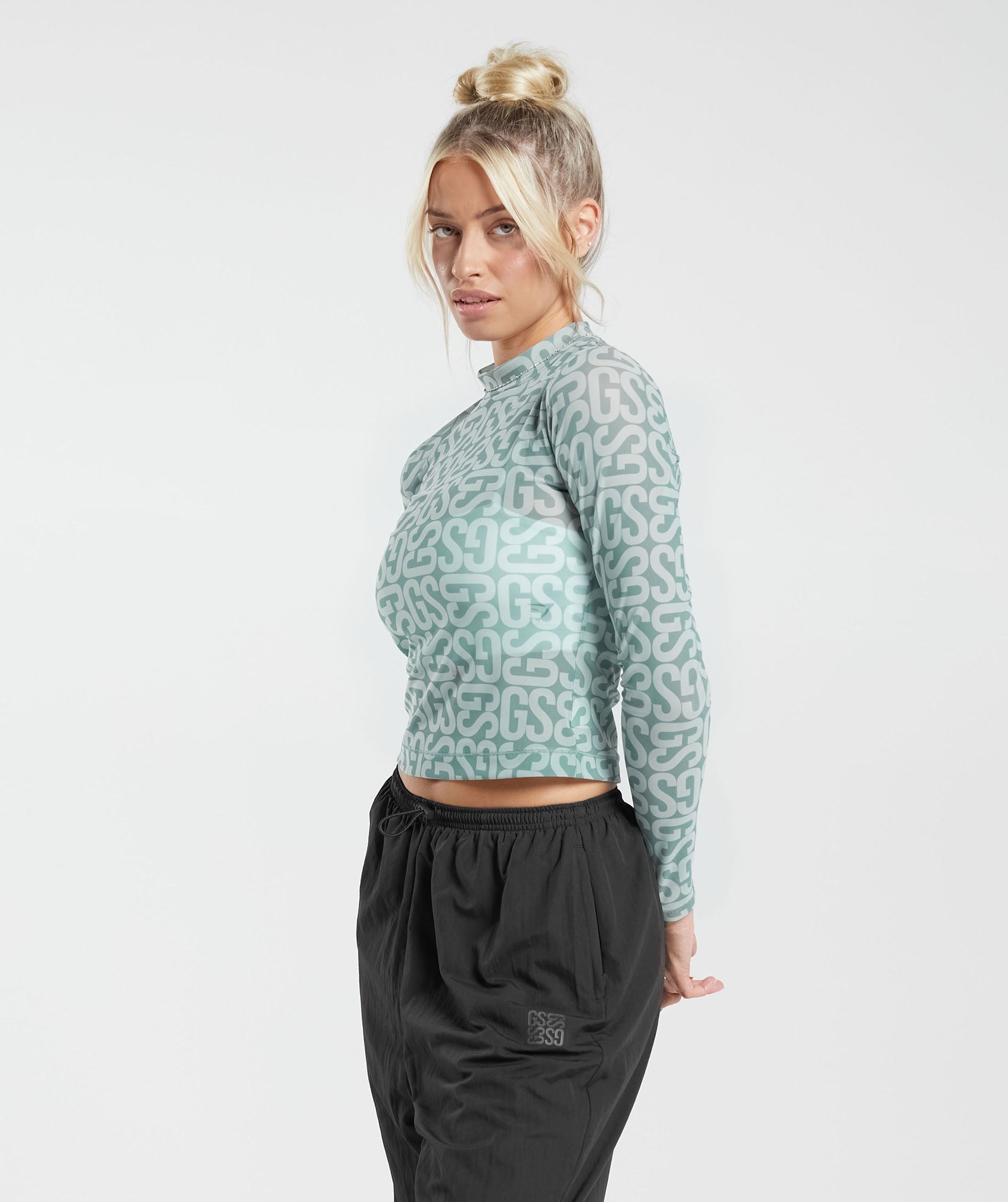 Monogram Mesh Long Sleeve Top in Frost Teal - view 3