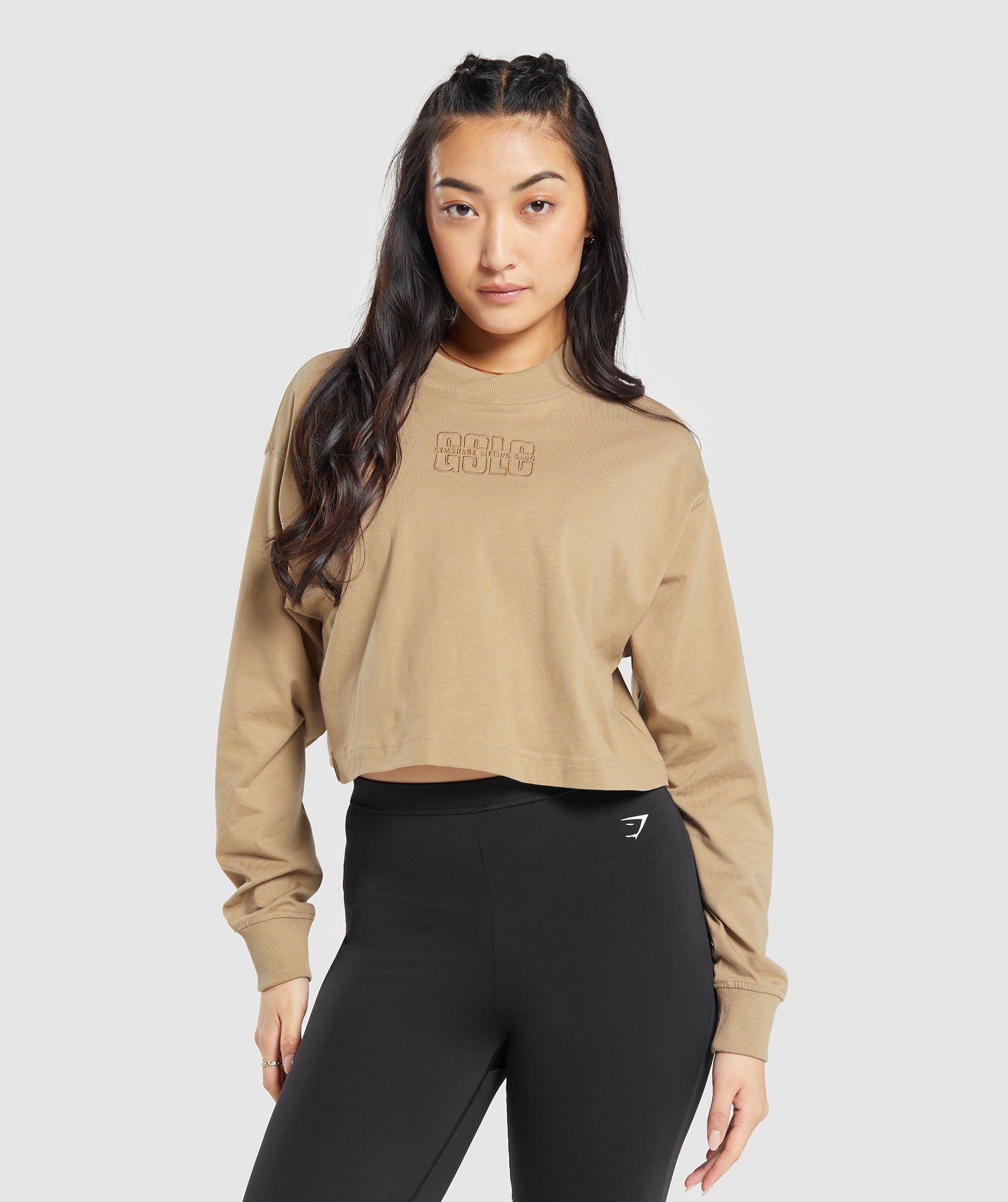 Outline Graphic Oversized Long Sleeve Top in Deep Fawn Brown