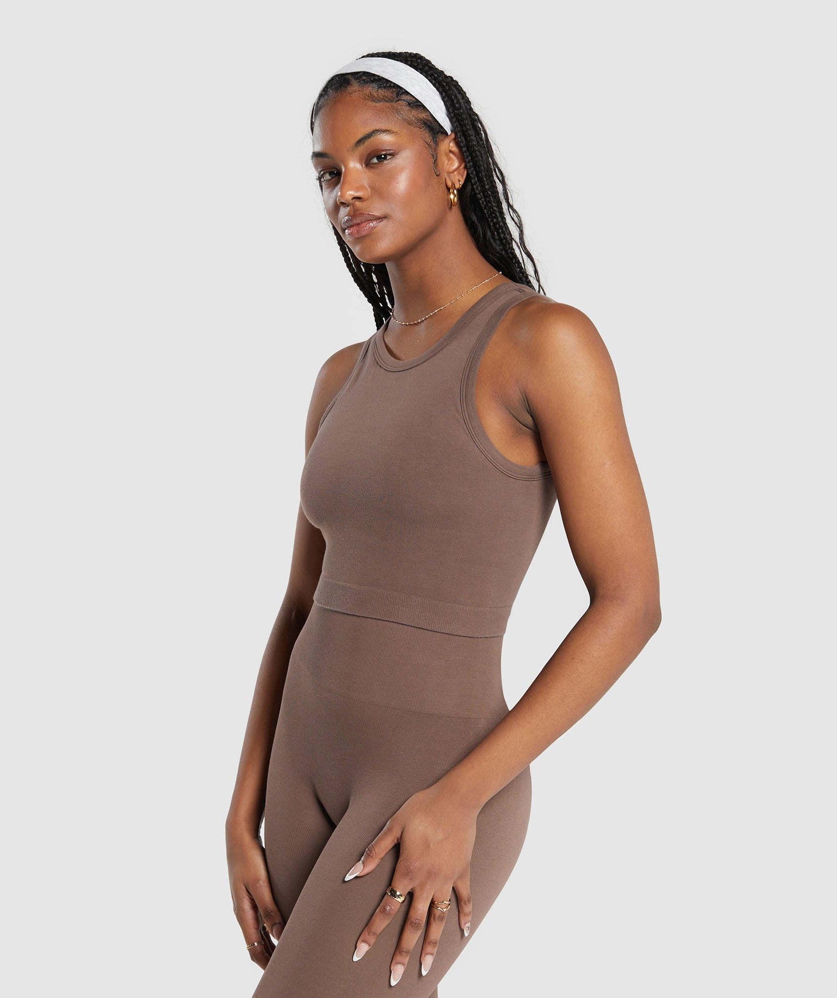 Ribbed Cotton Seamless Body Fit Tank in Soft Brown - view 3